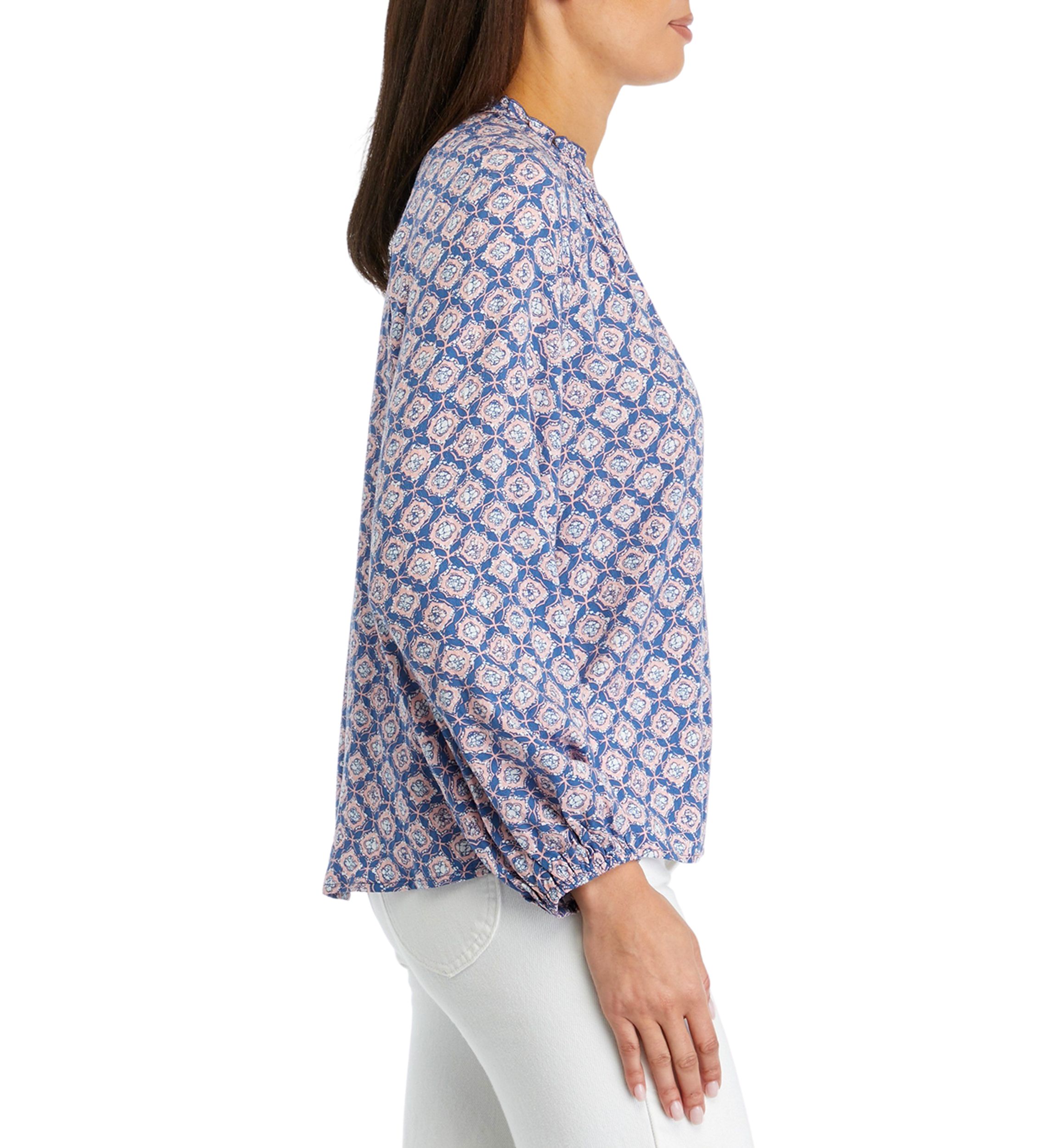 Petite Blouson Sleeve Split Neck Printed Top