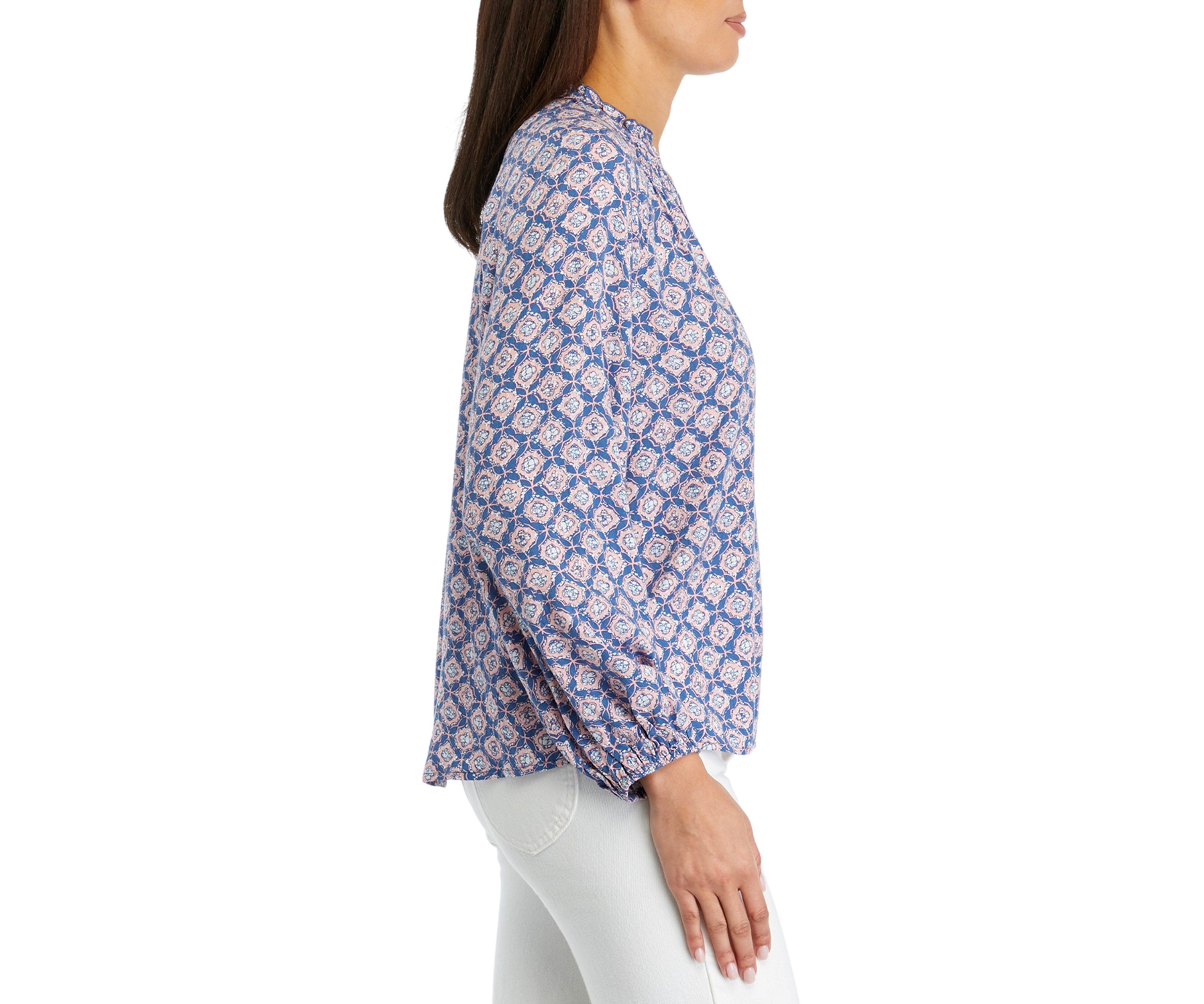 Petite Blouson Sleeve Split Neck Printed Top