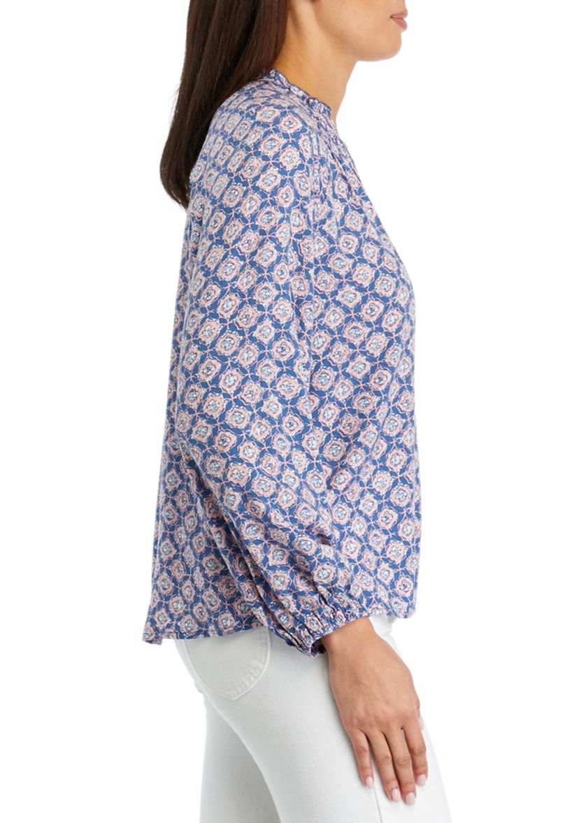Petite Blouson Sleeve Split Neck Printed Top