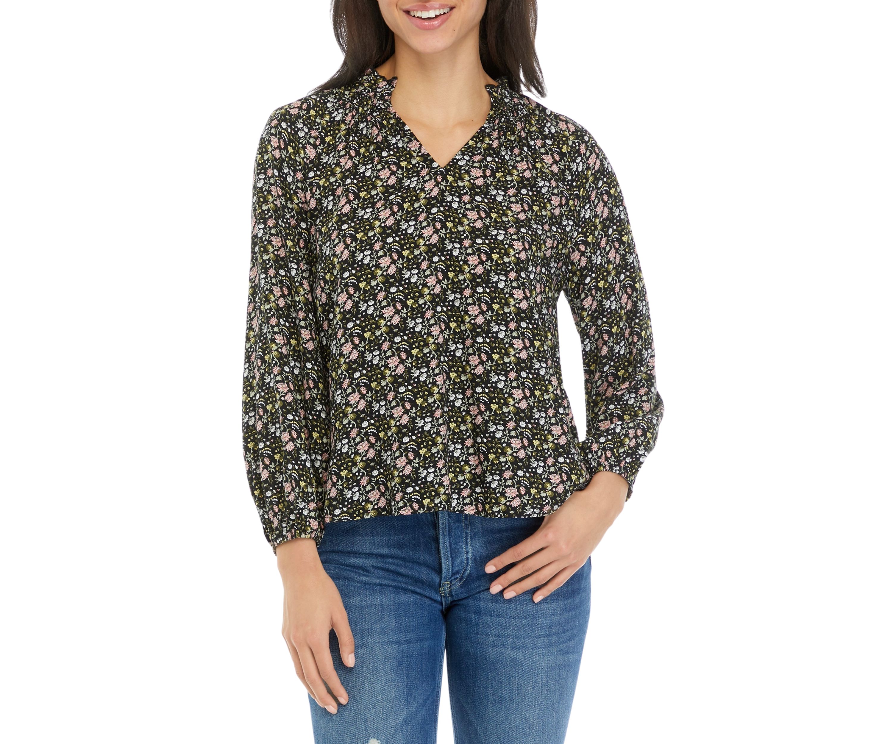 Petite Long Blouson Sleeve Split Neck Top