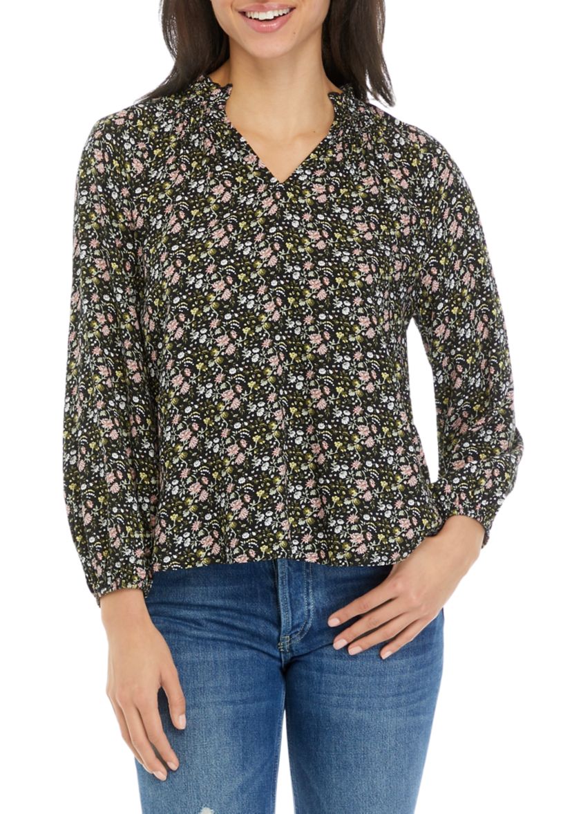 Petite Long Blouson Sleeve Split Neck Top