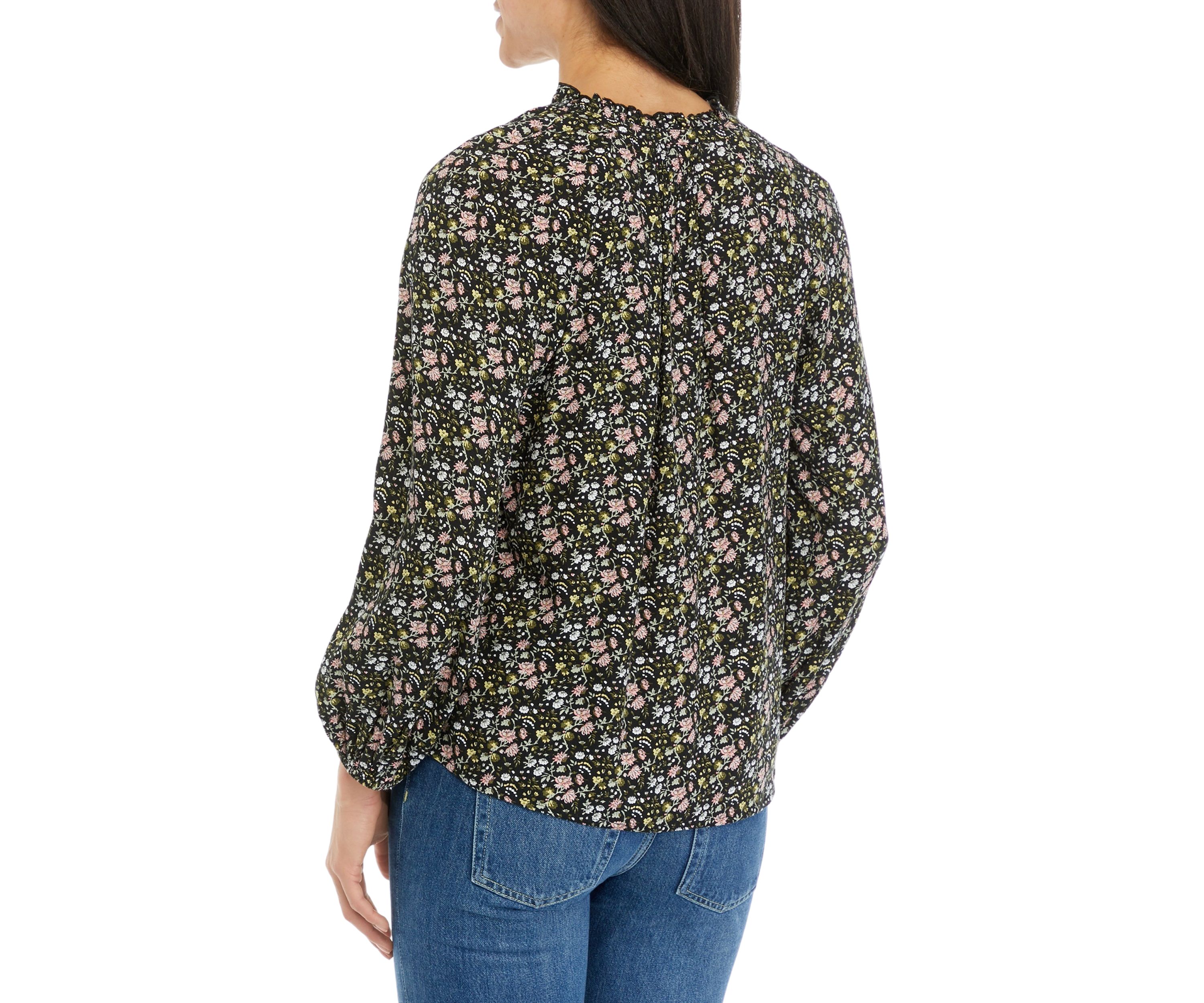 Petite Long Blouson Sleeve Split Neck Top
