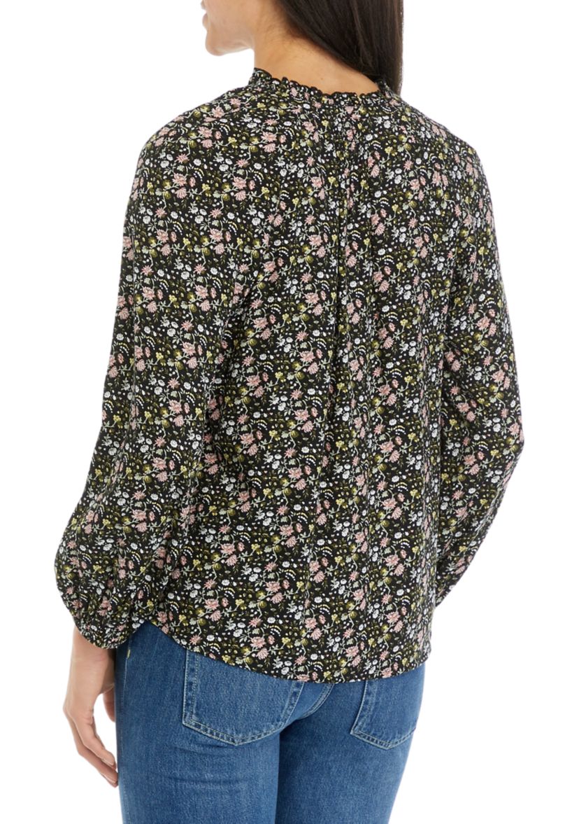 Petite Long Blouson Sleeve Split Neck Top