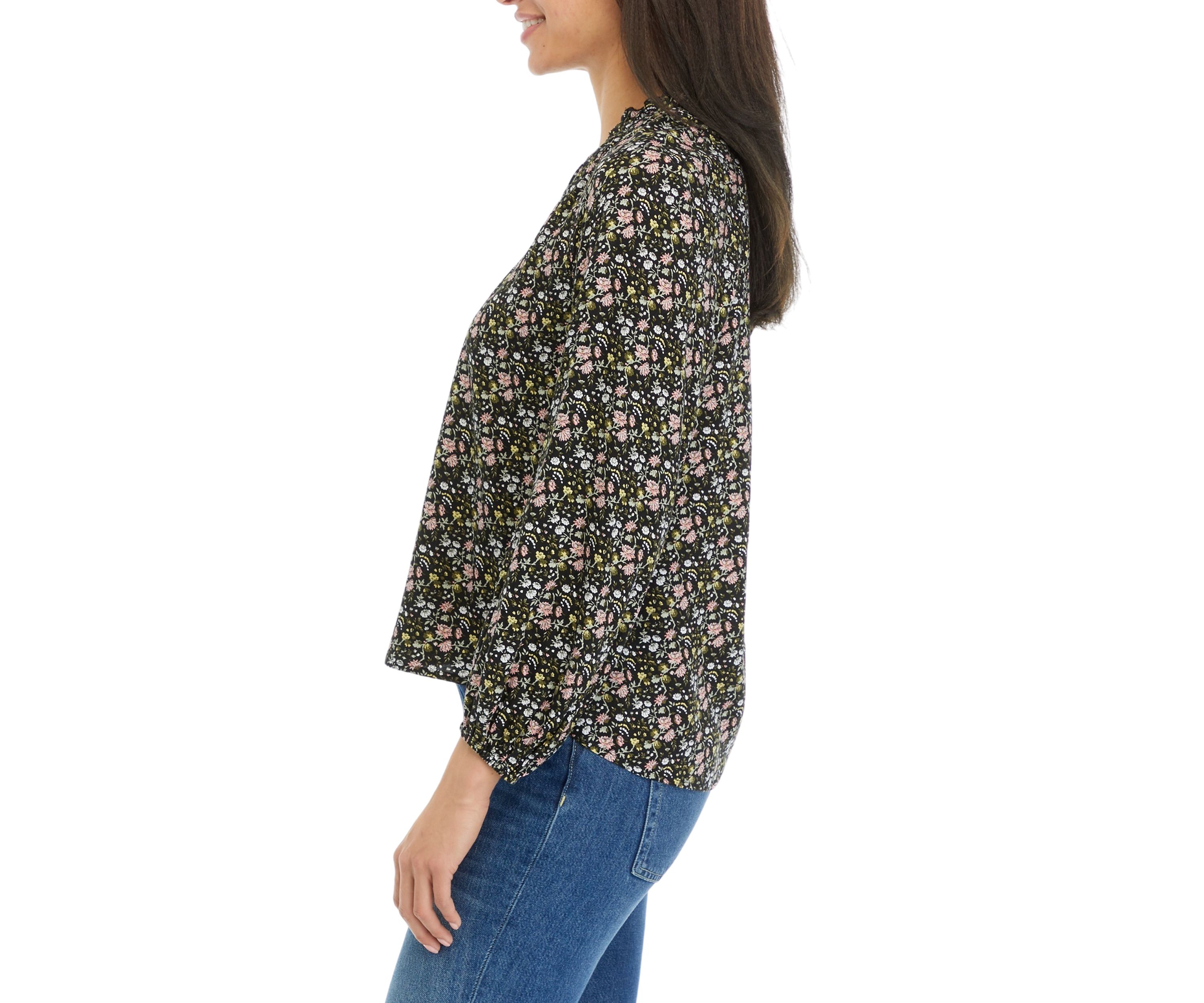 Petite Long Blouson Sleeve Split Neck Top
