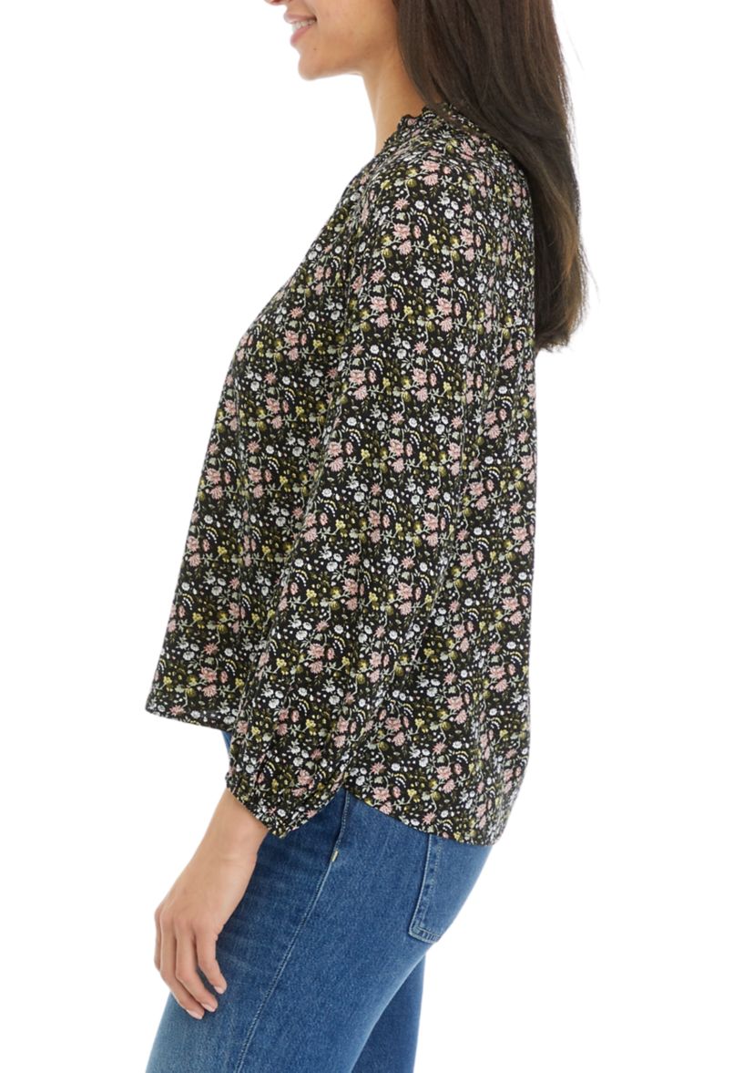 Petite Long Blouson Sleeve Split Neck Top