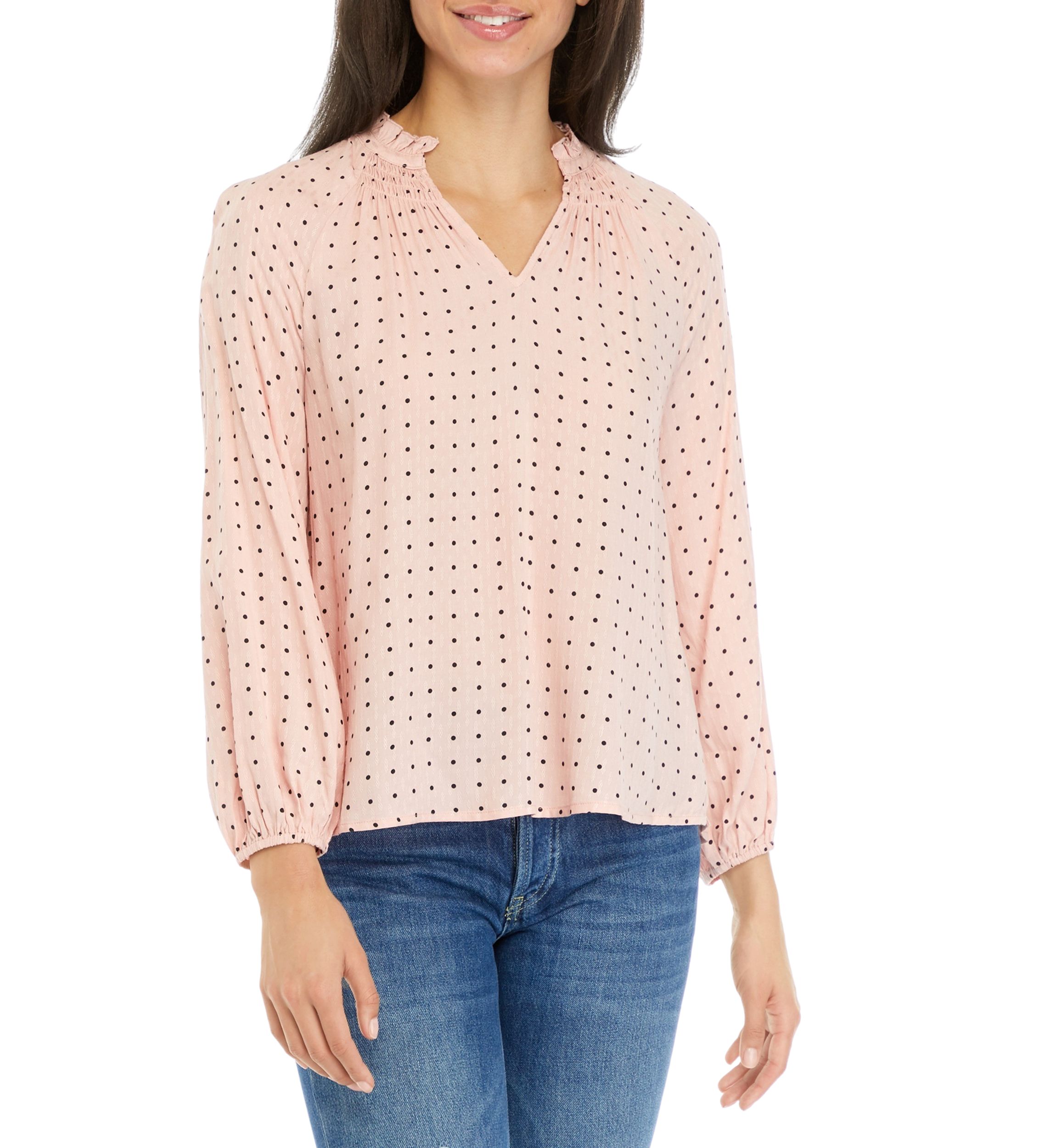 Petite Long Blouson Sleeve Split Neck Top