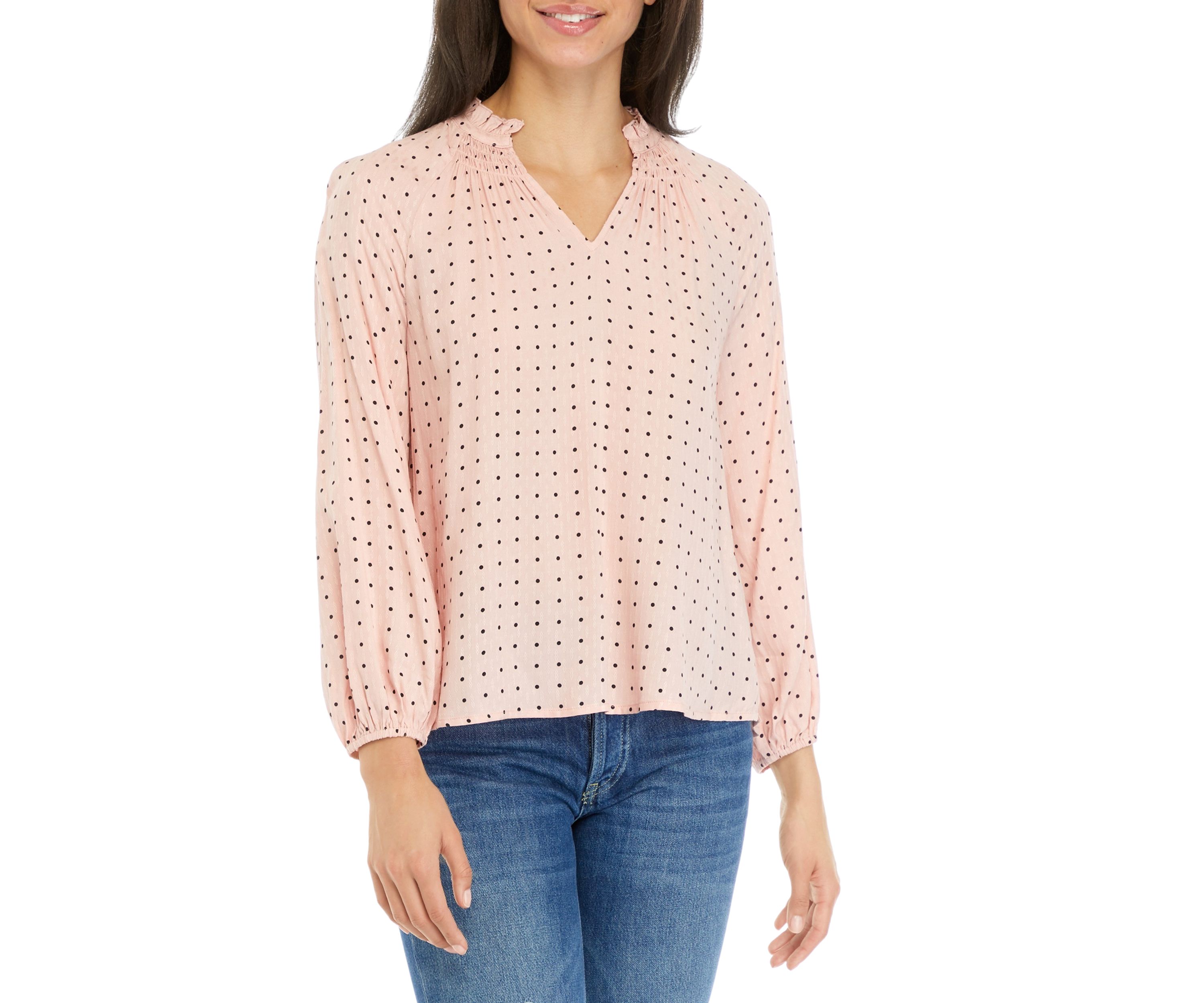 Petite Long Blouson Sleeve Split Neck Top