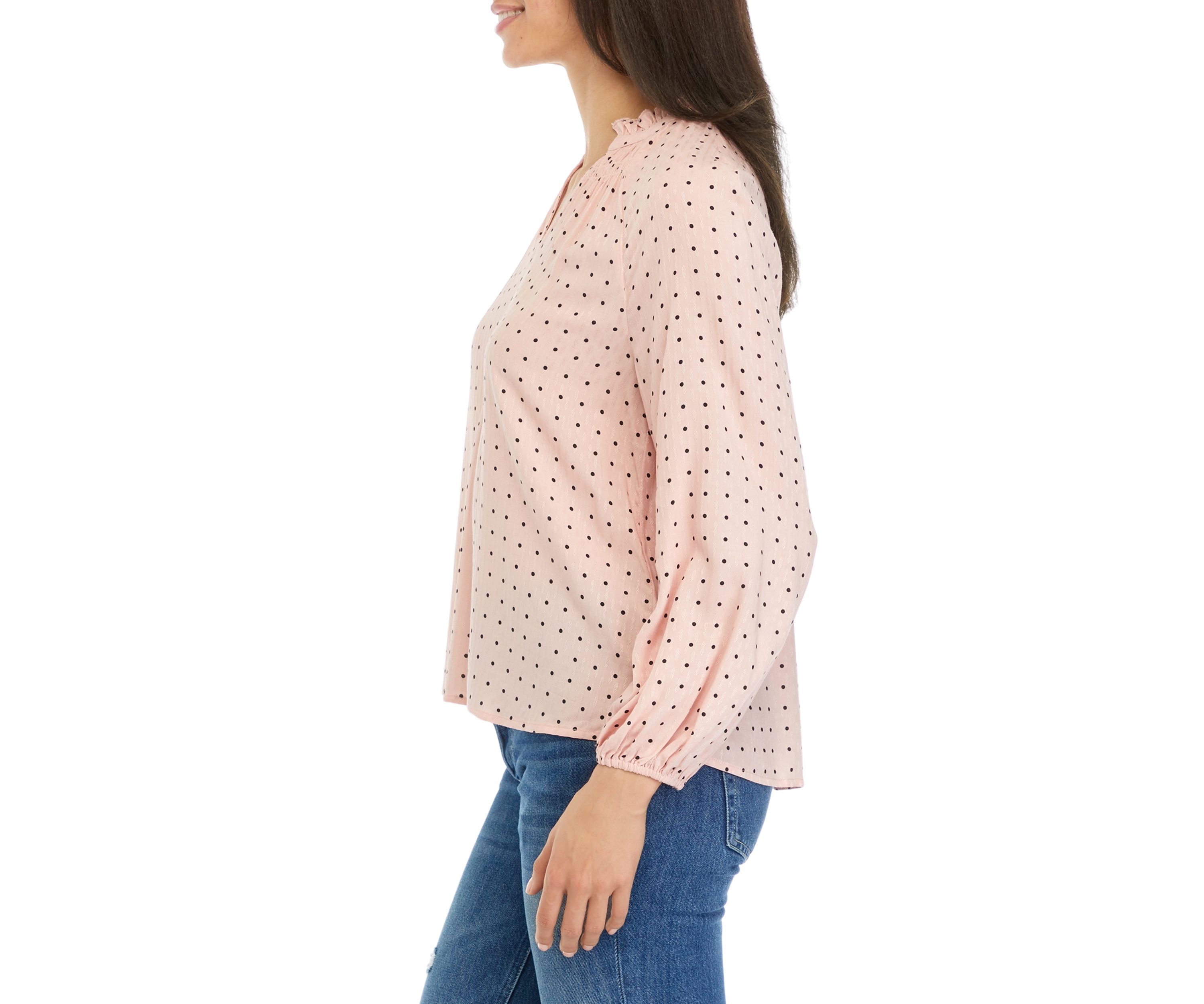 Petite Long Blouson Sleeve Split Neck Top