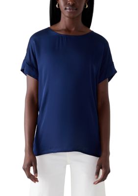 MUSE Republic Clothing Women's Short Cuffed Sleeve Crew Neck Blouse, Navy Blue, Small