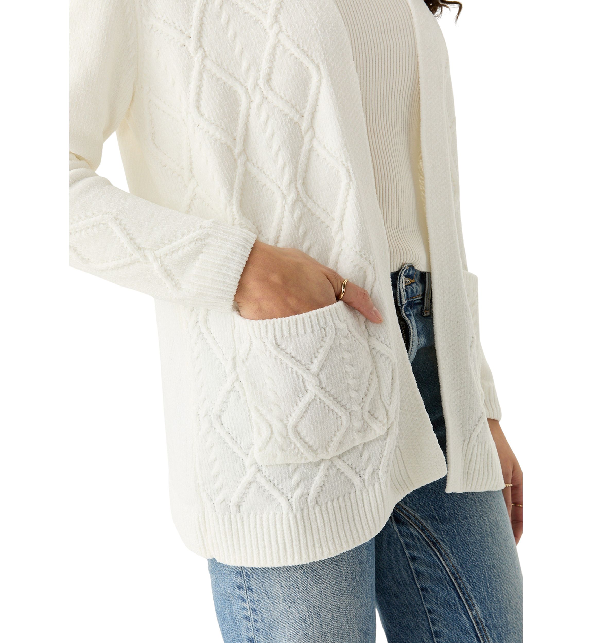 Petite Long Sleeve Open Front Chenille Cardigan