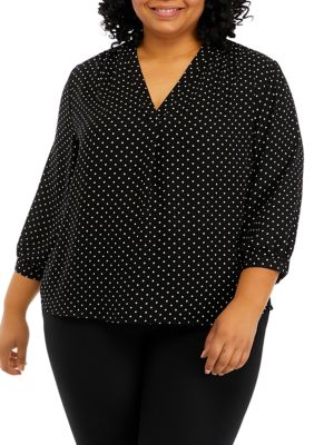 Elegant Polka Dot V Neck Top Short Sleeve Red Plus Size Blouses (Women's) 