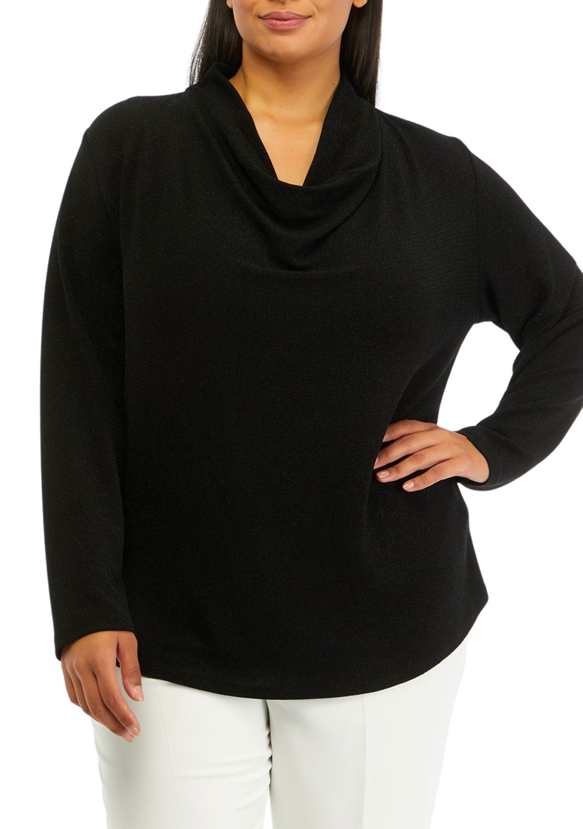 Plus Size Long Sleeve Drape Neck Shine Top