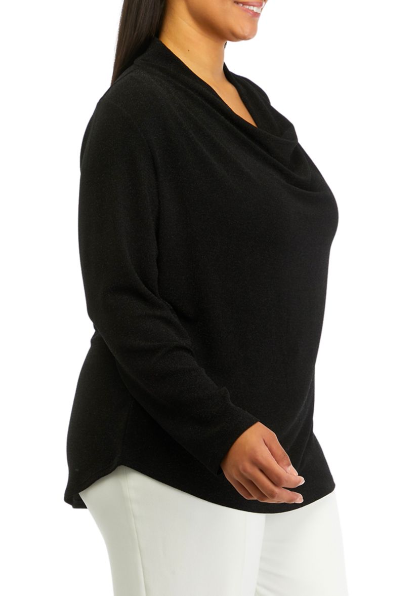 Plus Size Long Sleeve Drape Neck Shine Top
