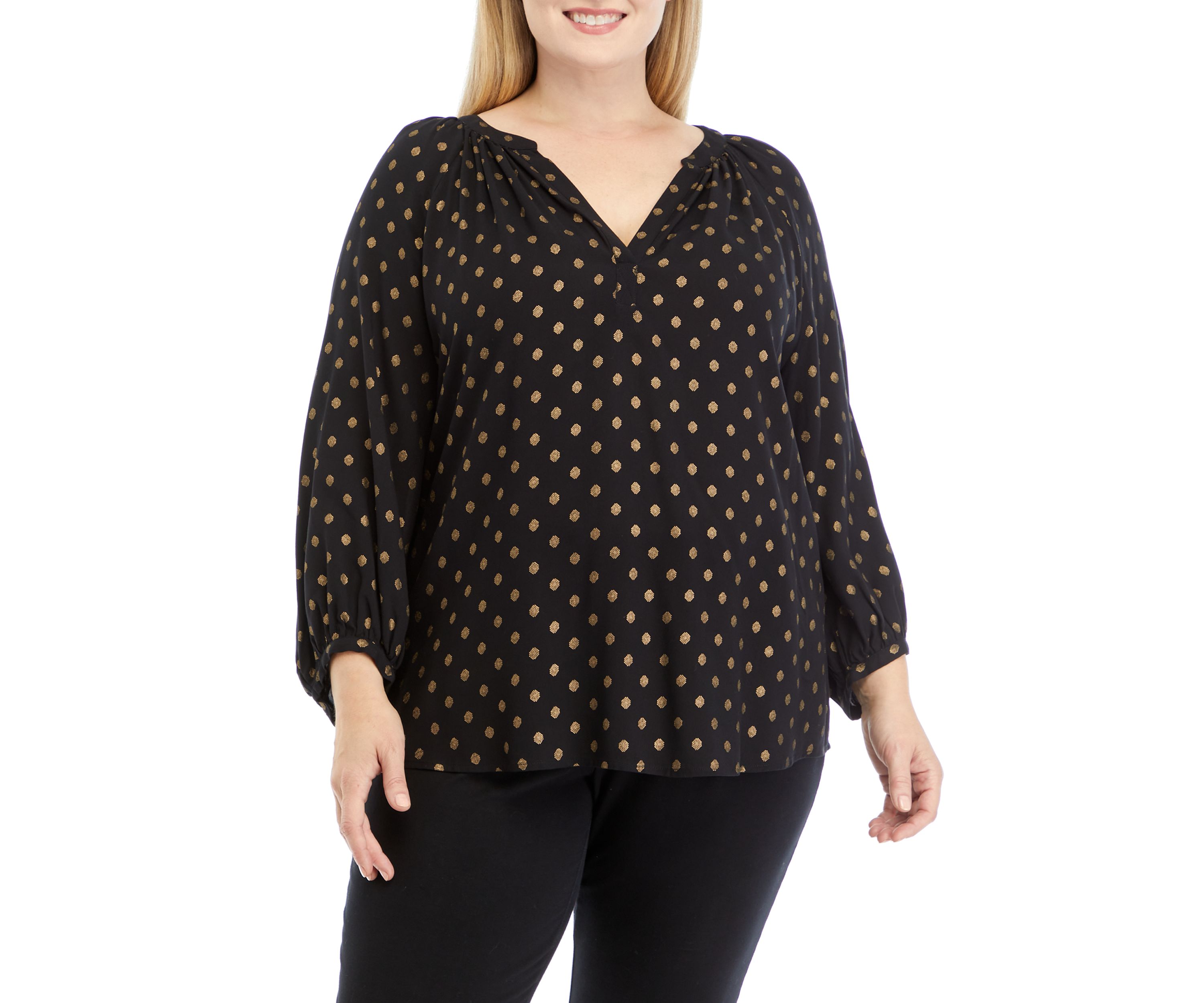 Plus Size 3/4 Sleeve Split Neck Raglan Blouse