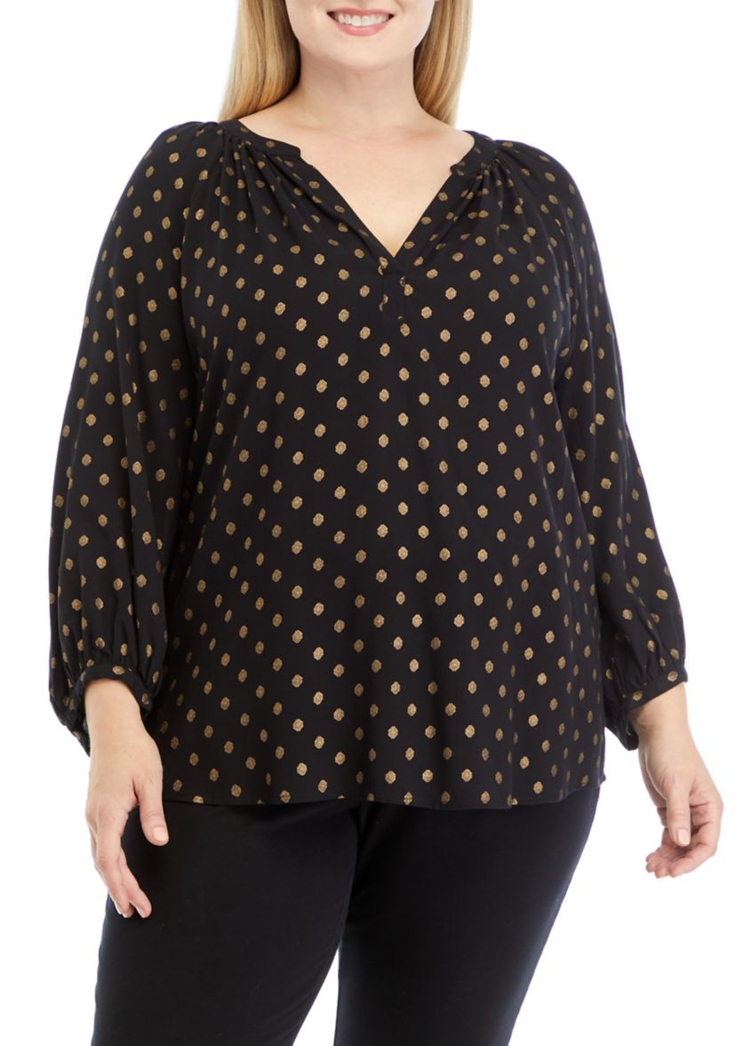 Plus Size 3/4 Sleeve Split Neck Raglan Blouse