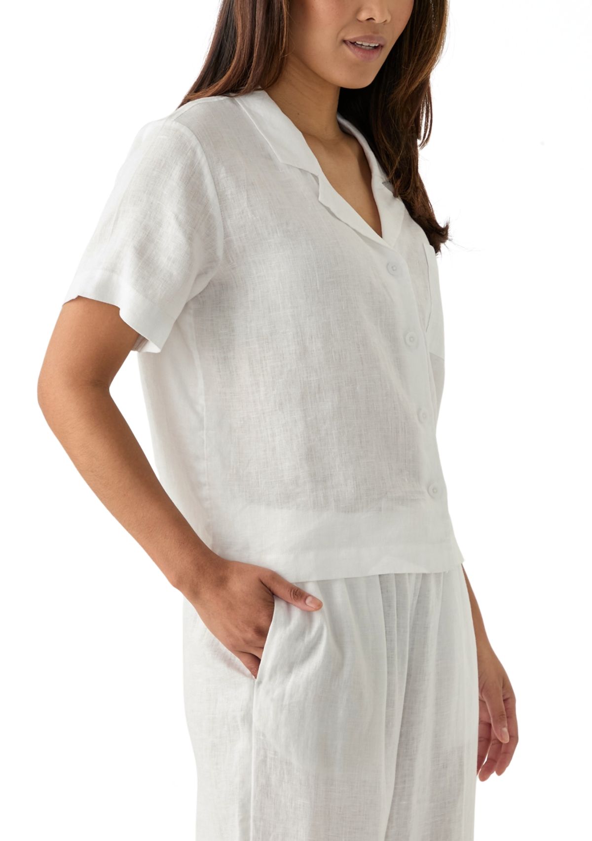 Womens Short Sleeve Linen Solid Camp Shirt