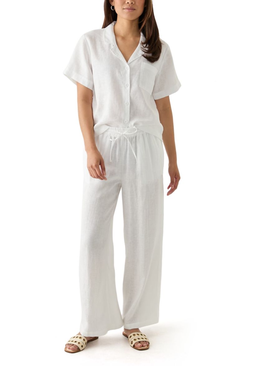 Womens Short Sleeve Linen Solid Camp Shirt