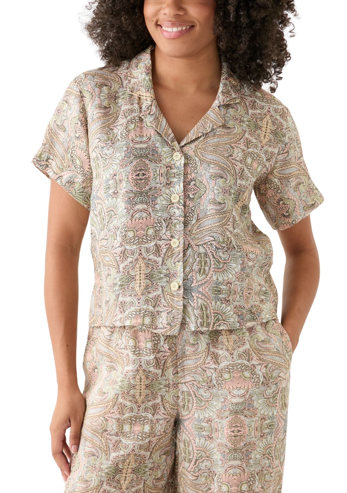 Womens Linen Paisley Printed Camp Shirt