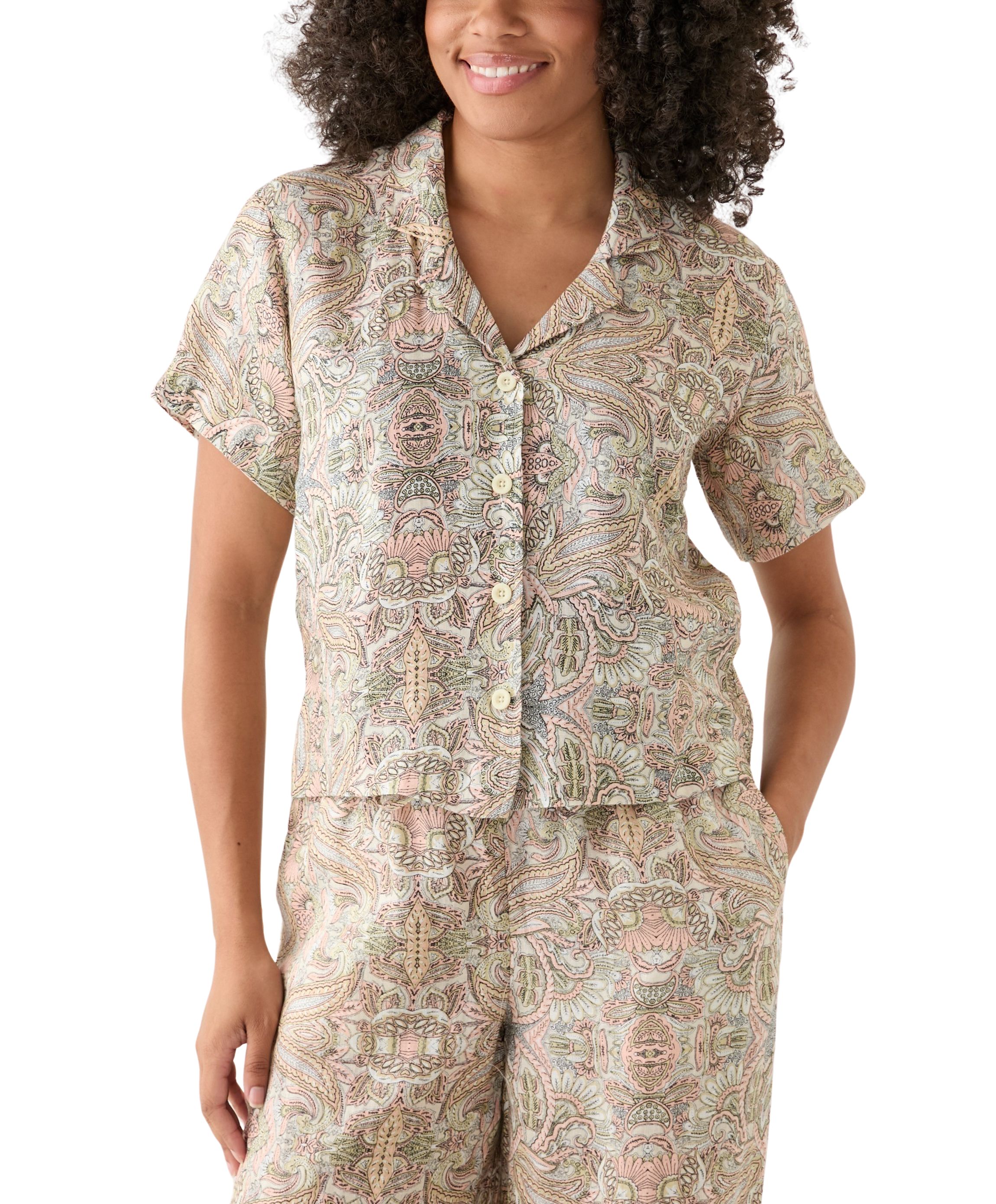 Womens Linen Paisley Printed Camp Shirt