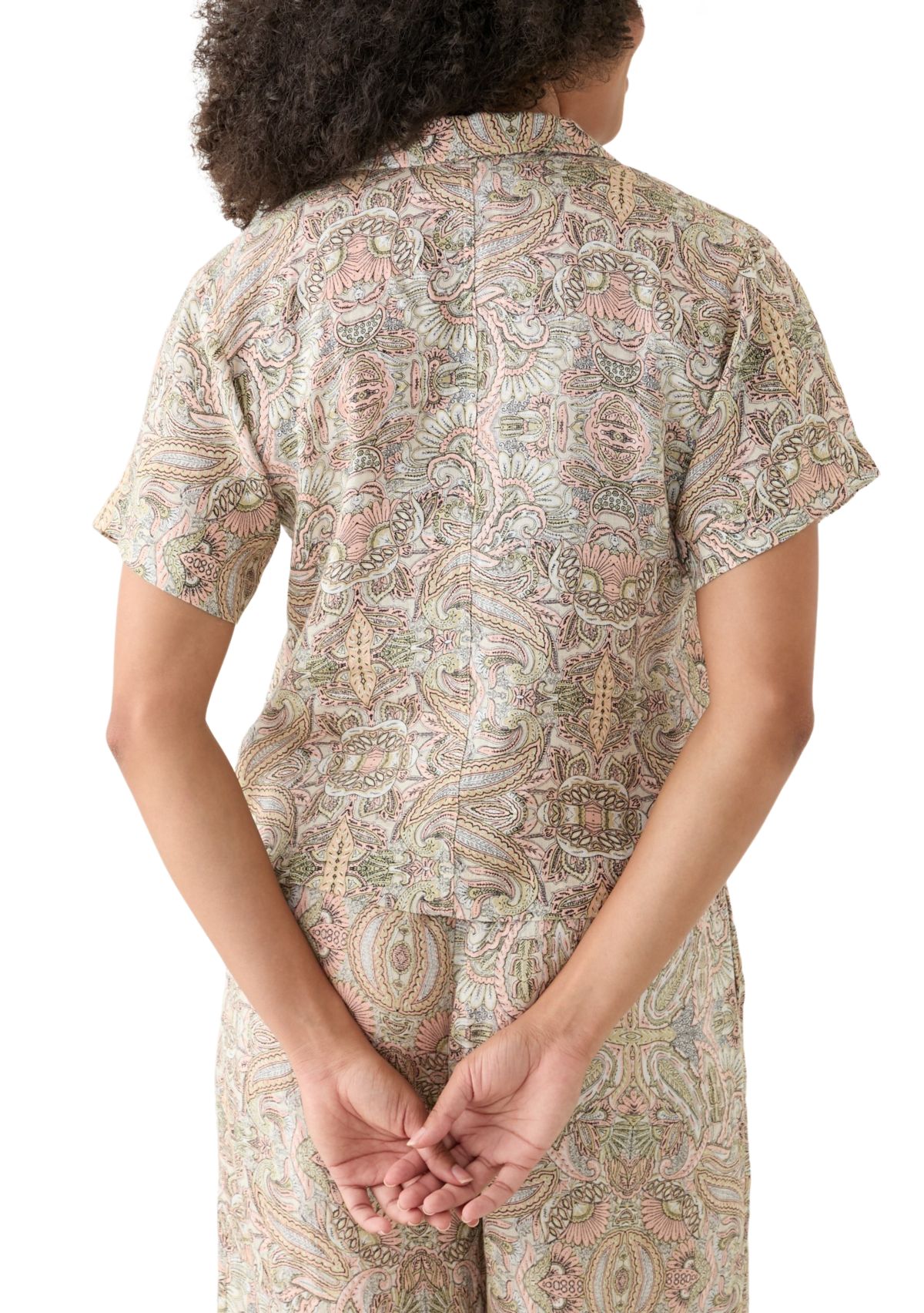 Womens Linen Paisley Printed Camp Shirt