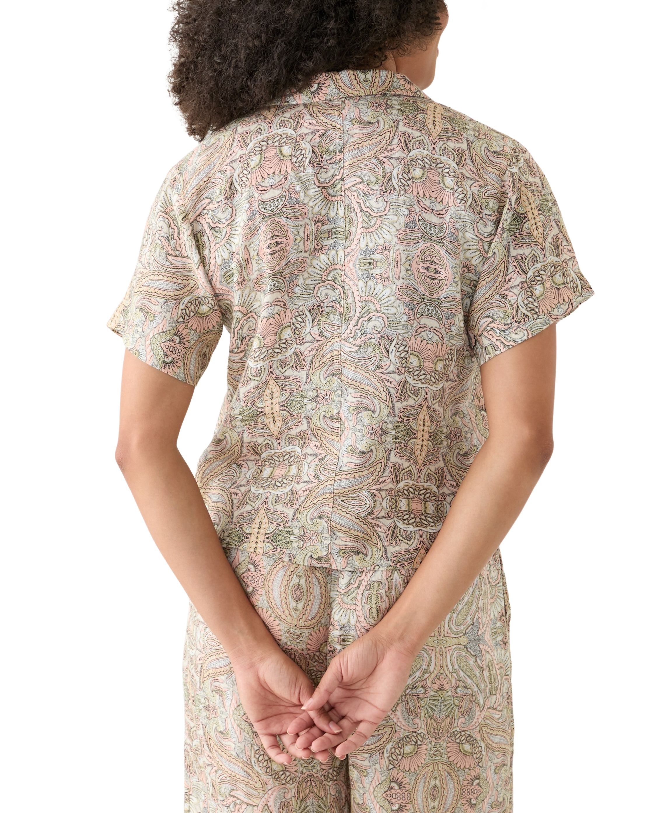 Womens Linen Paisley Printed Camp Shirt