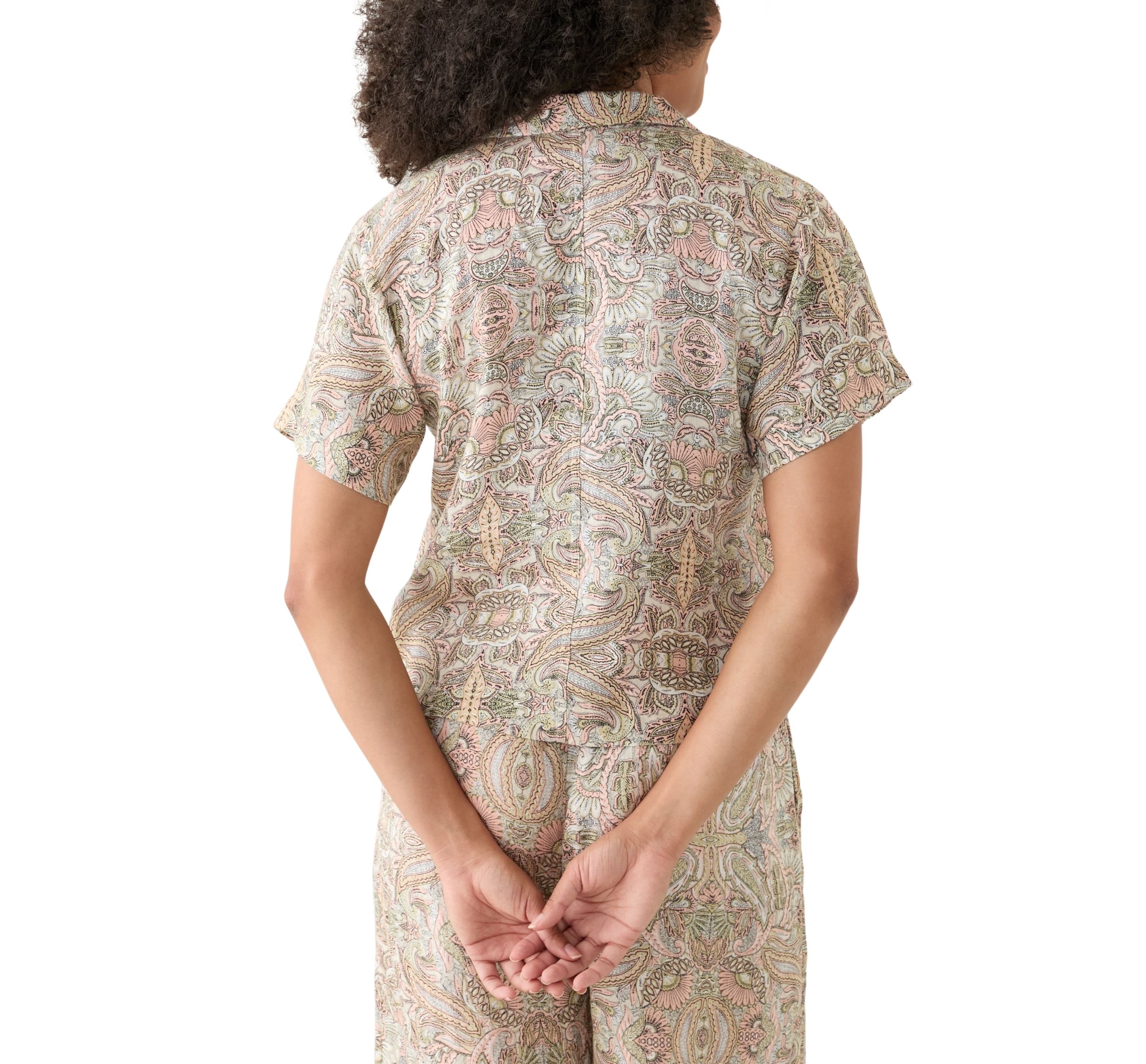 Womens Linen Paisley Printed Camp Shirt