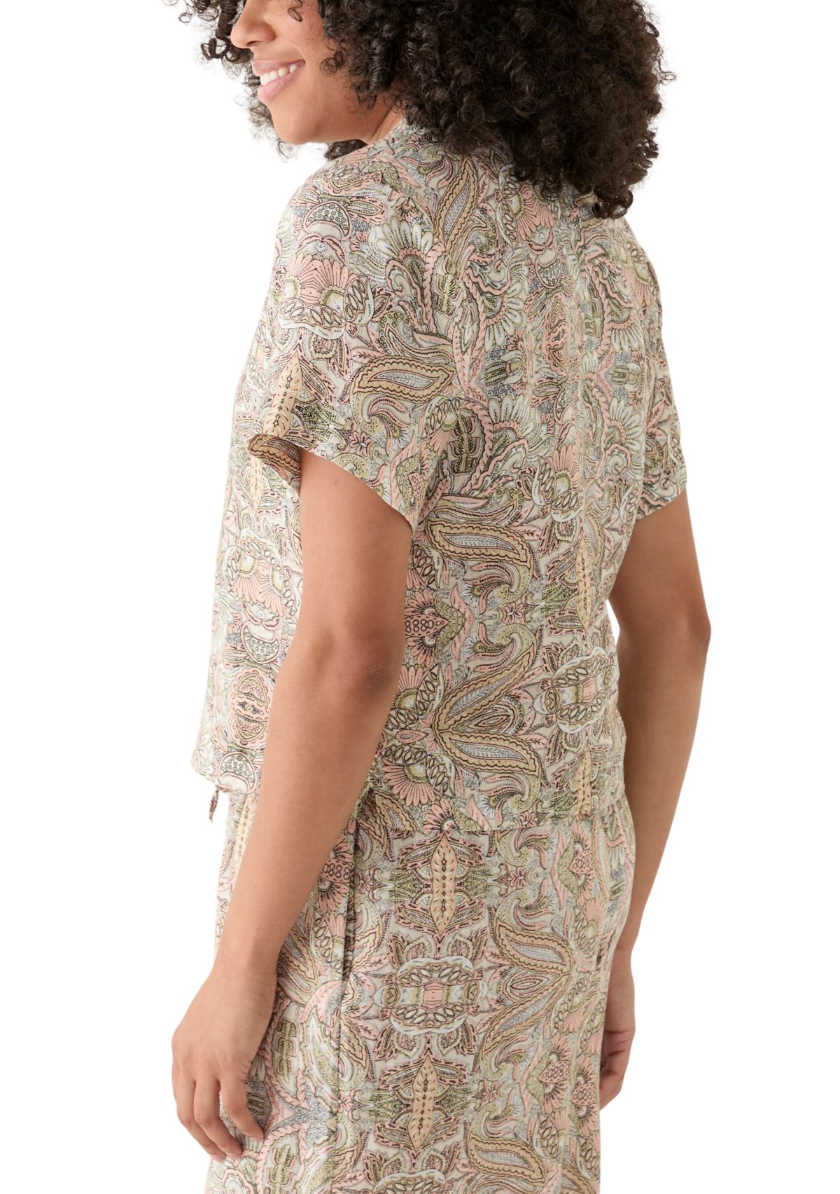 Womens Linen Paisley Printed Camp Shirt