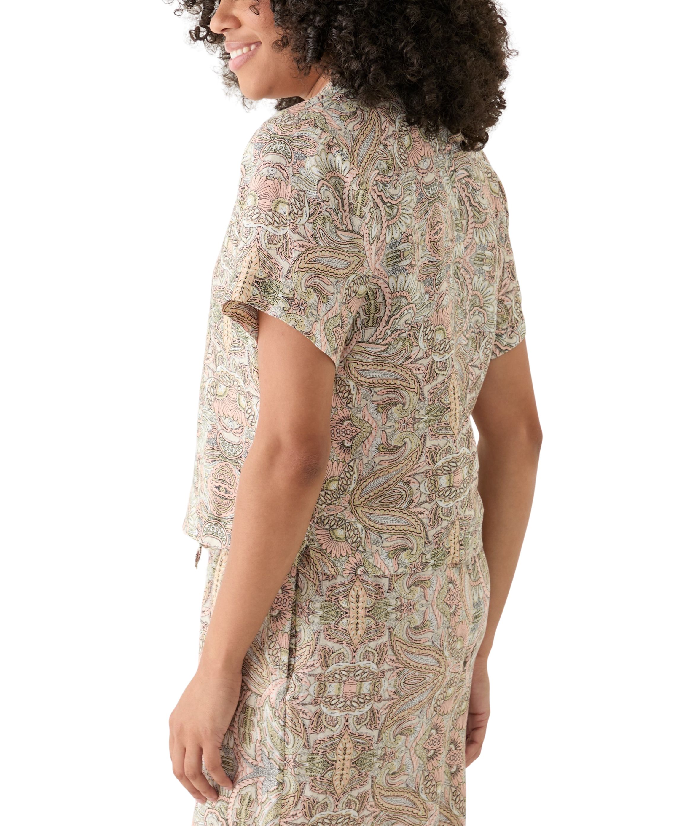 Womens Linen Paisley Printed Camp Shirt