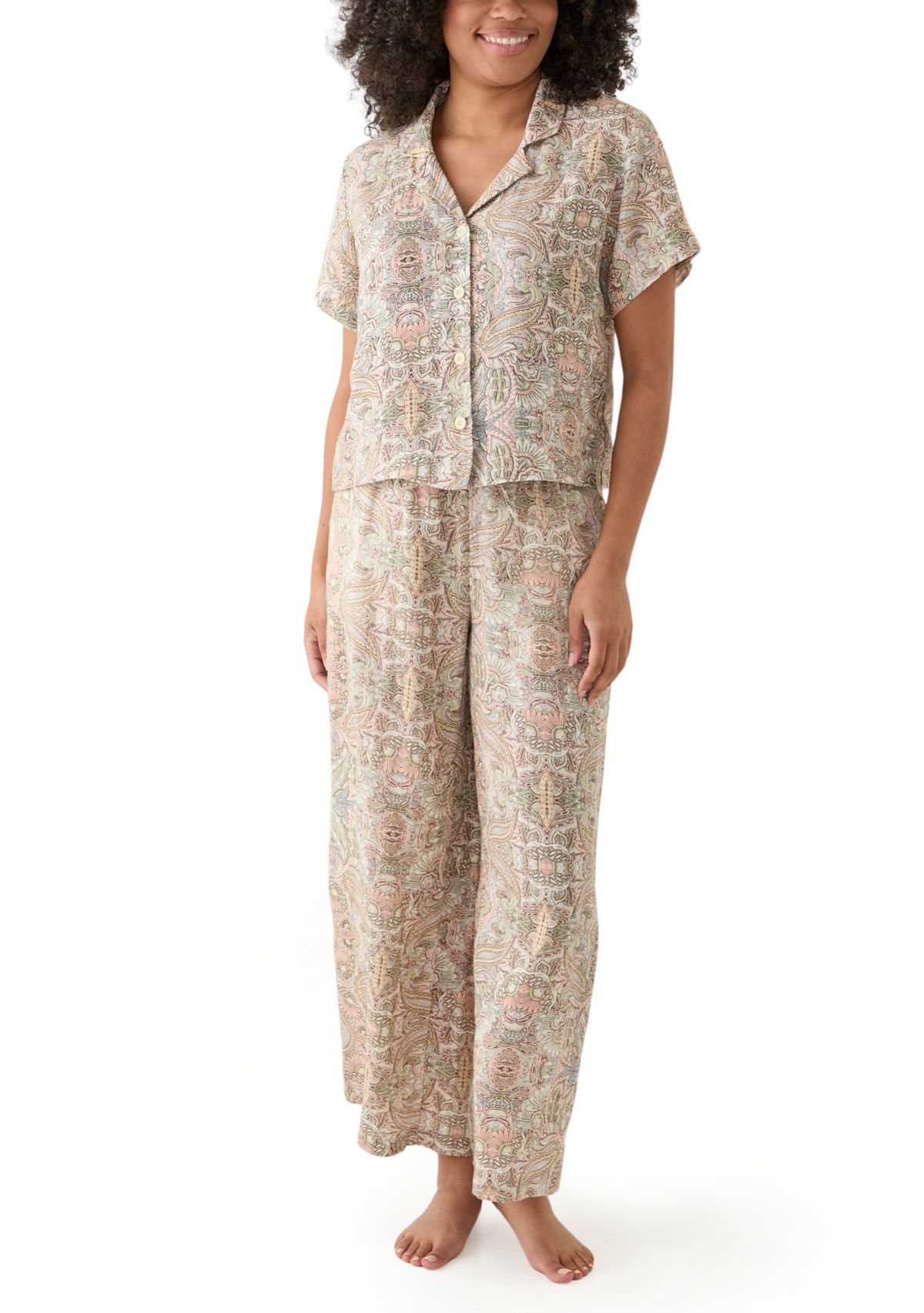 Womens Linen Paisley Printed Camp Shirt