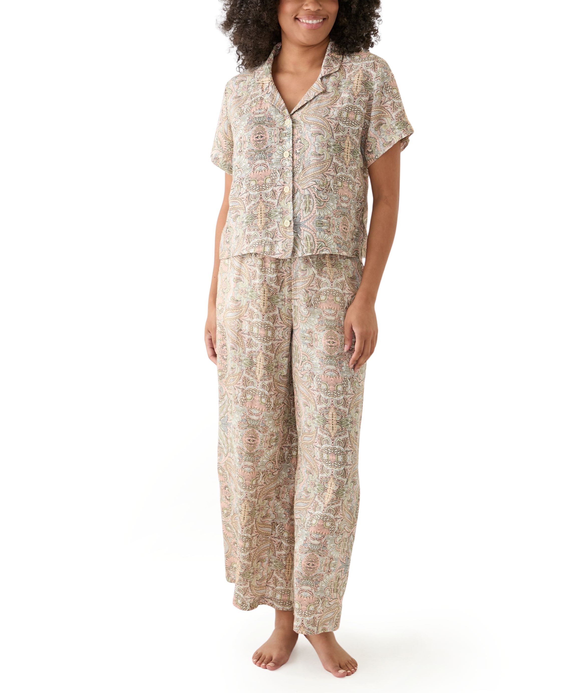 Womens Linen Paisley Printed Camp Shirt