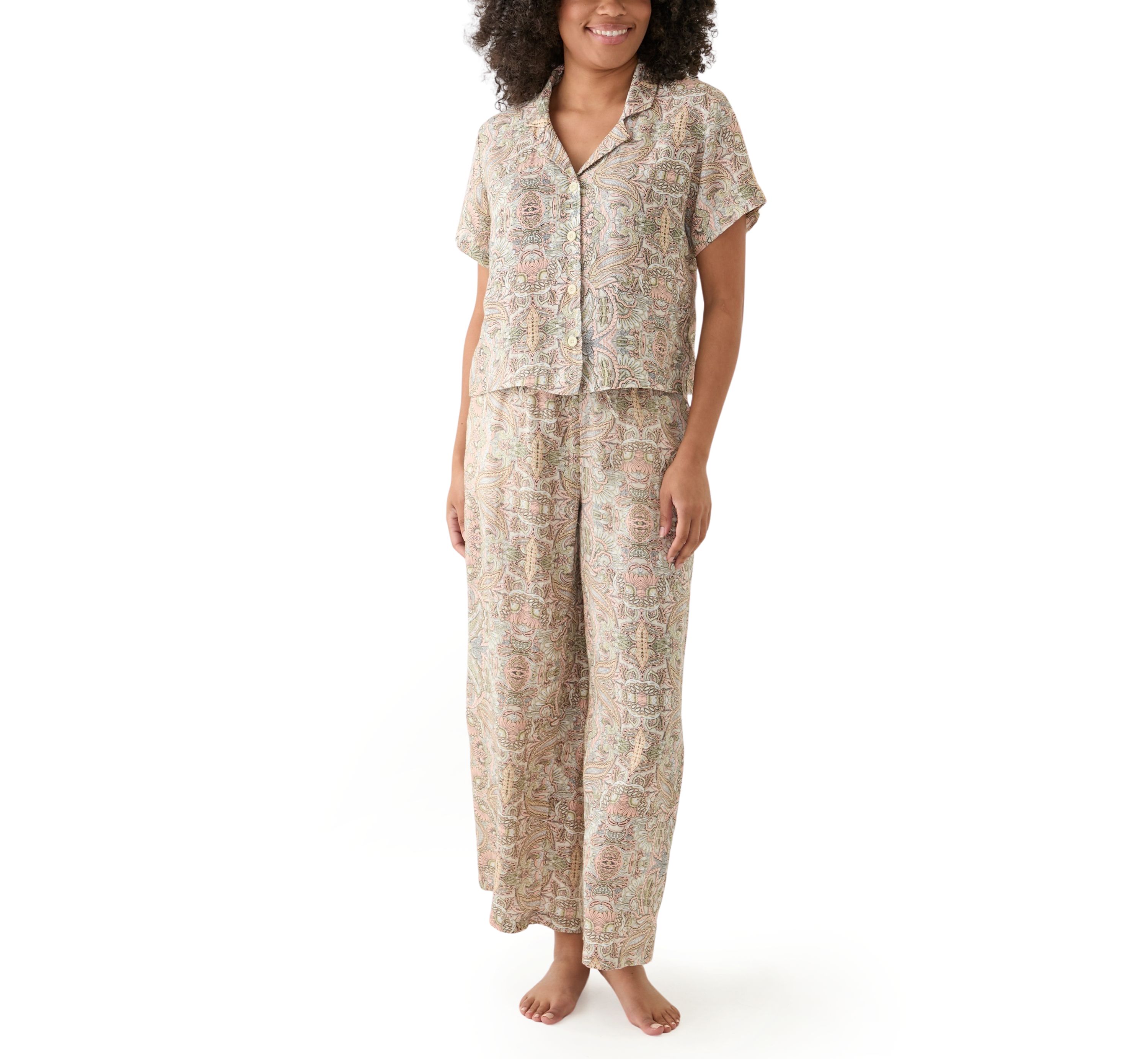 Womens Linen Paisley Printed Camp Shirt