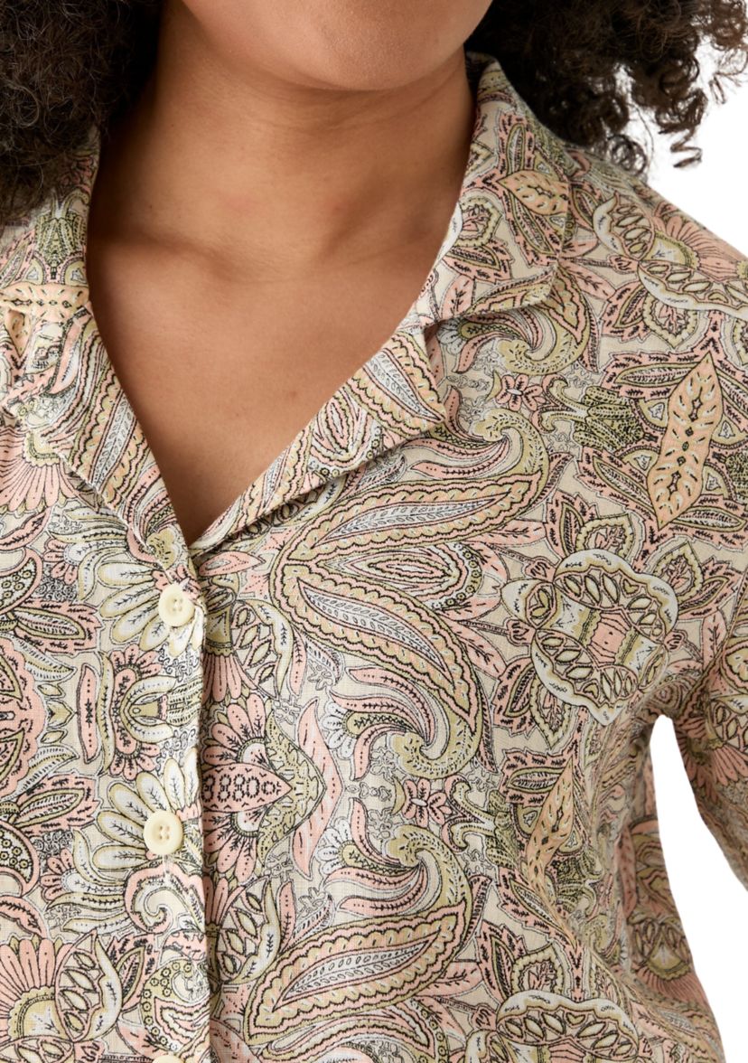 Womens Linen Paisley Printed Camp Shirt