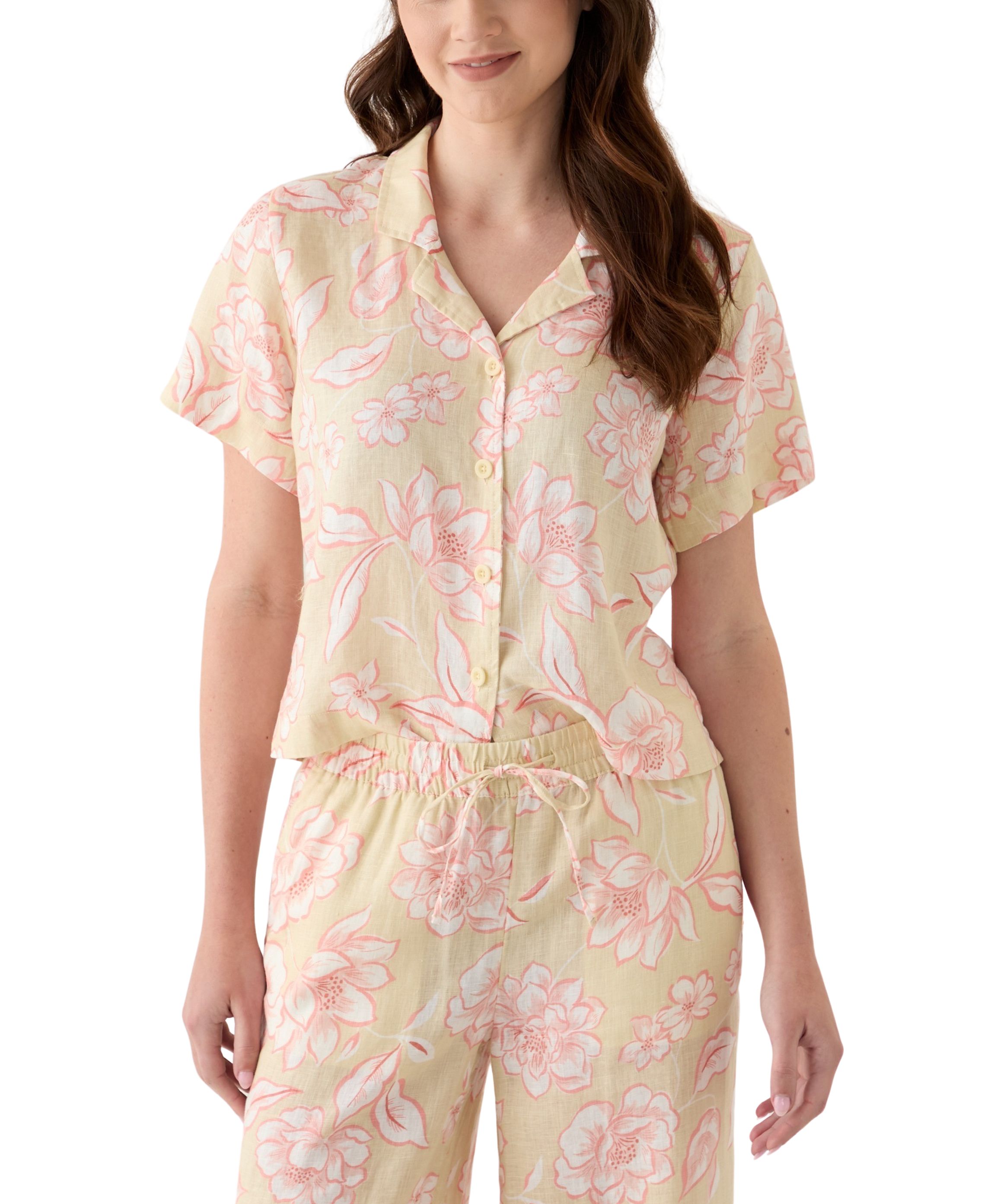 Womens Linen Floral Printed Camp Shirt