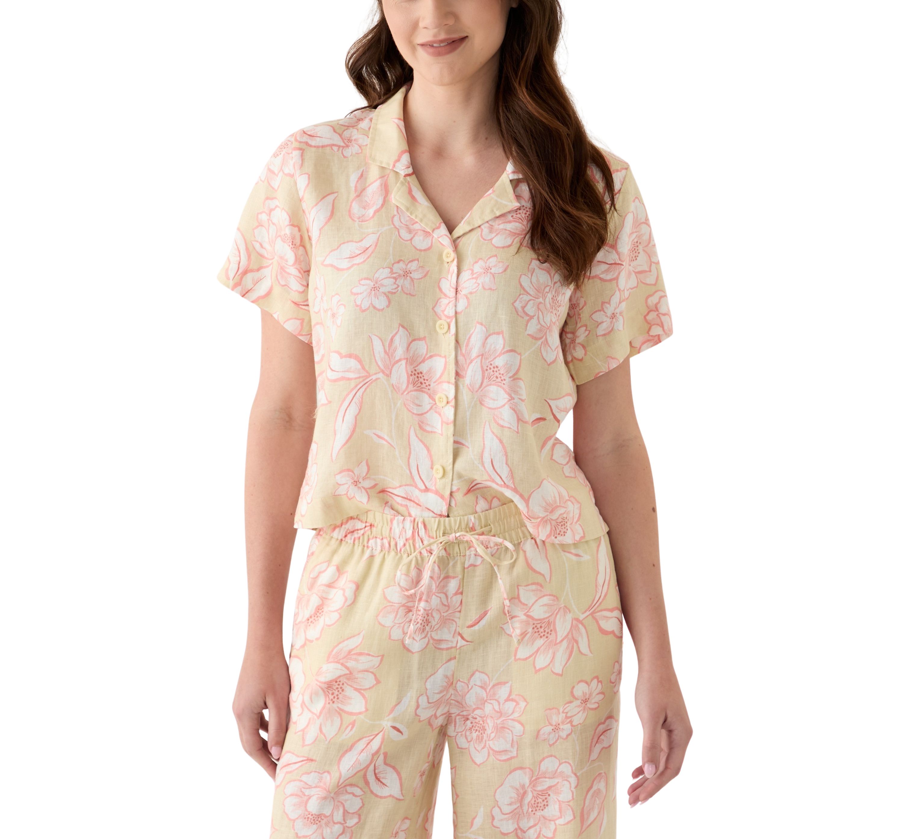 Womens Linen Floral Printed Camp Shirt