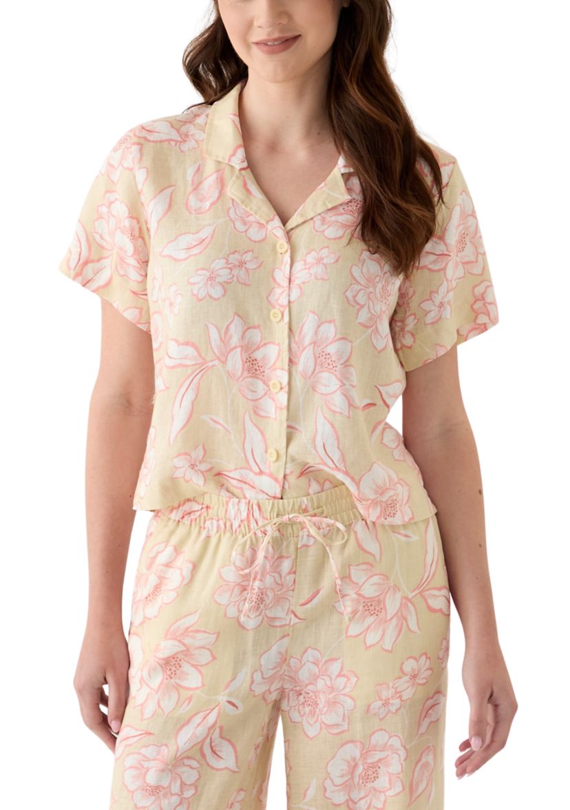 Womens Linen Floral Printed Camp Shirt