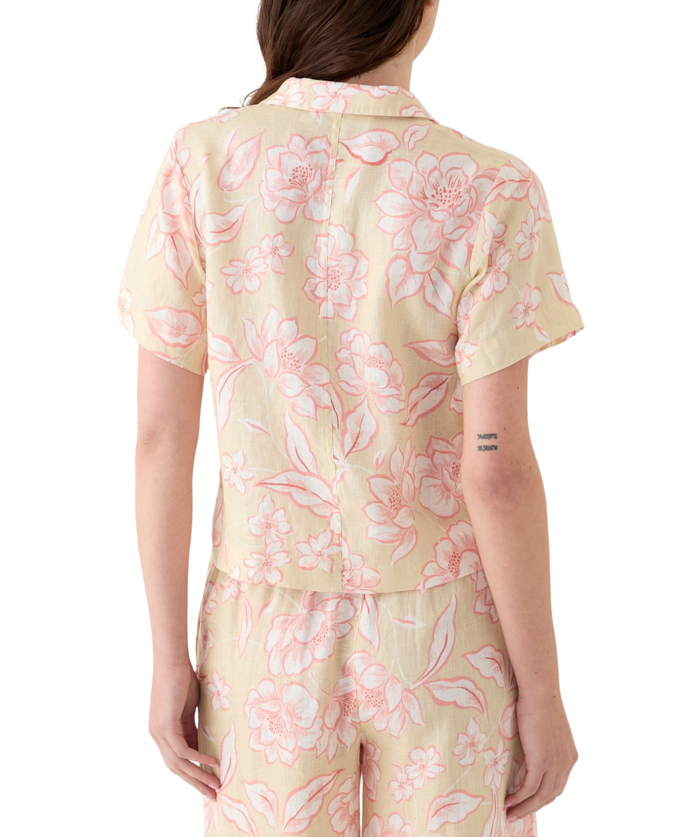 Womens Linen Floral Printed Camp Shirt