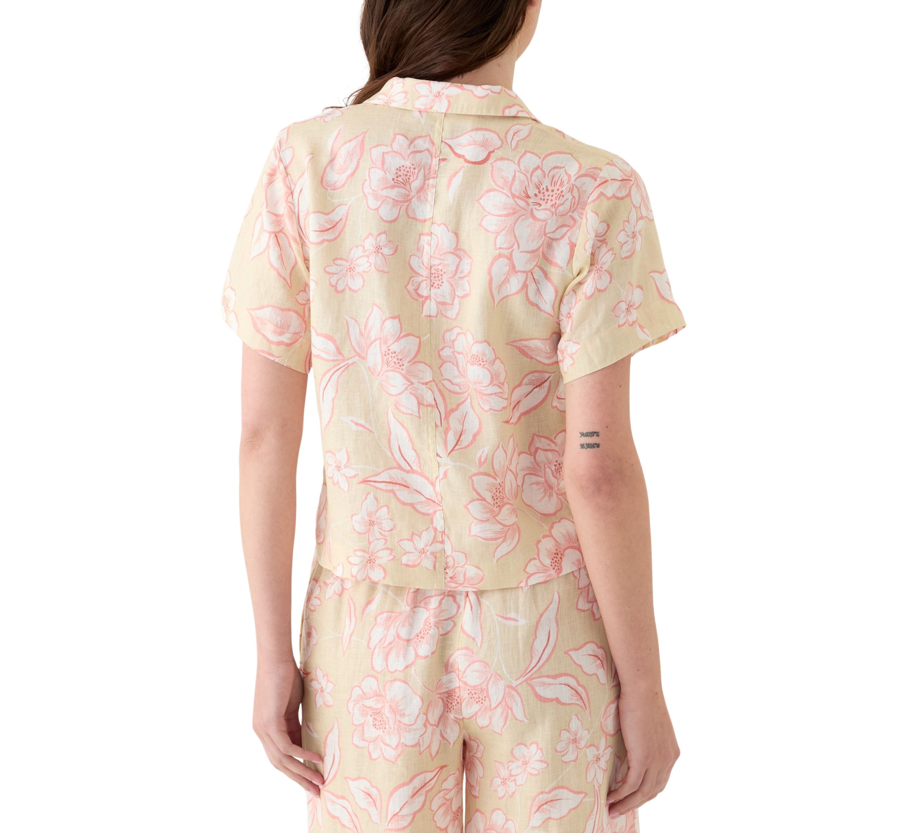 Womens Linen Floral Printed Camp Shirt