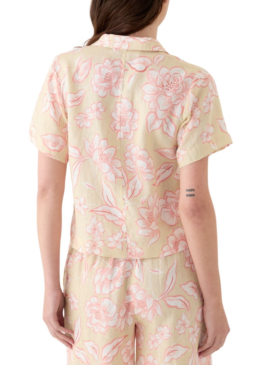 Womens Linen Floral Printed Camp Shirt