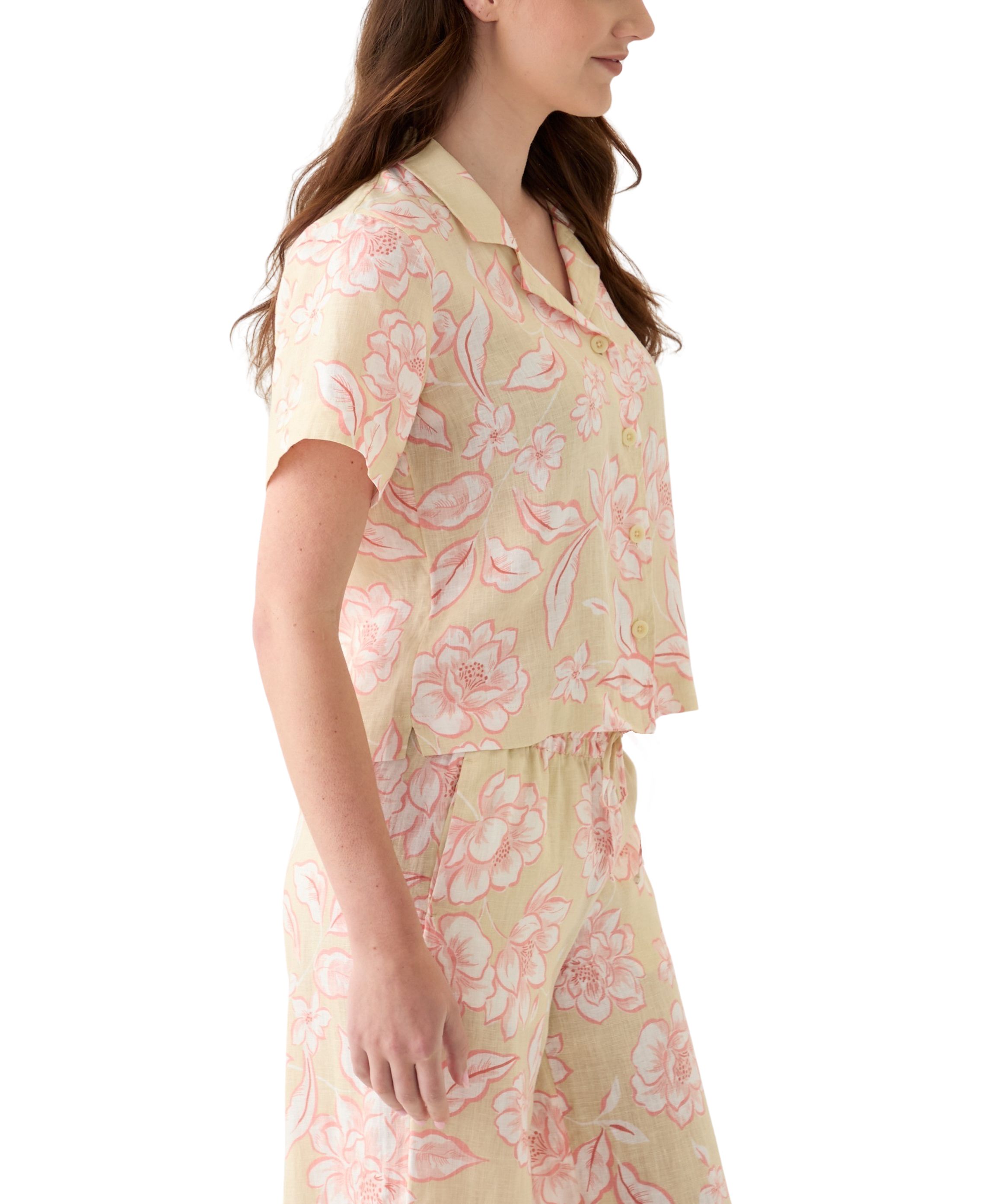 Womens Linen Floral Printed Camp Shirt