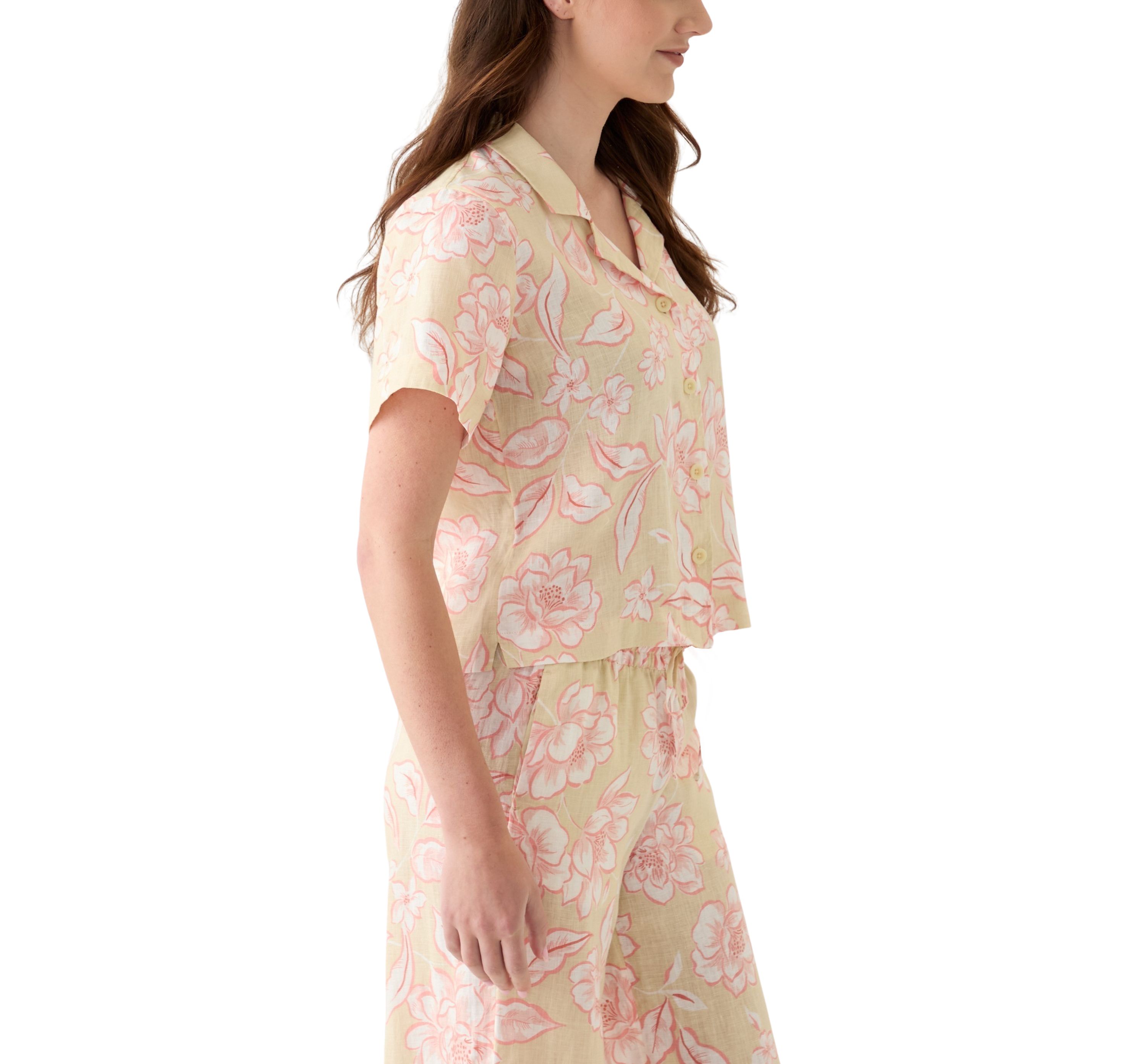Womens Linen Floral Printed Camp Shirt