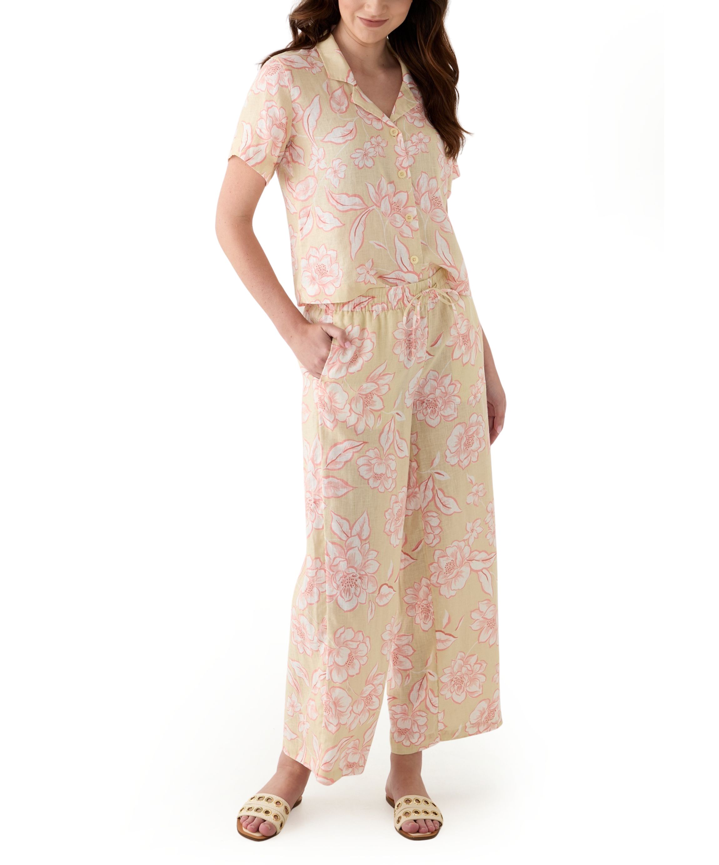 Womens Linen Floral Printed Camp Shirt