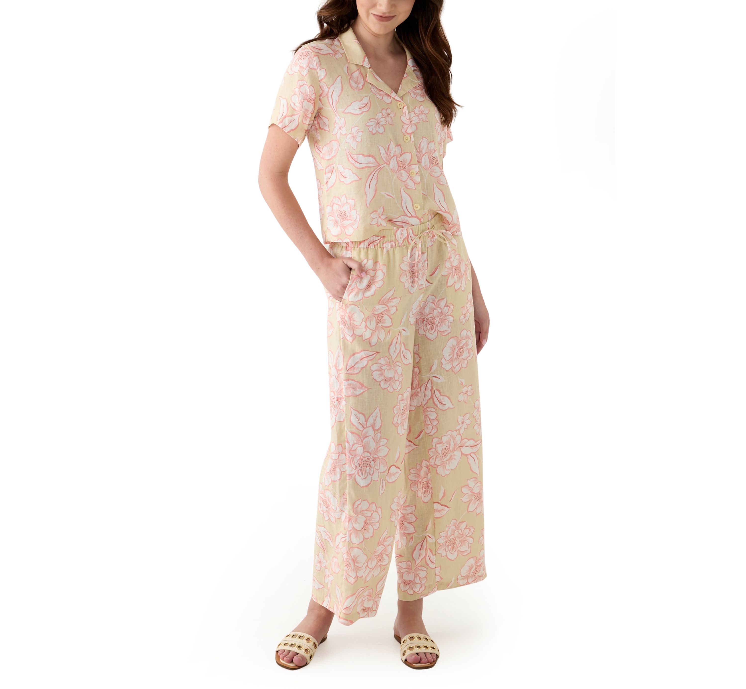 Womens Linen Floral Printed Camp Shirt