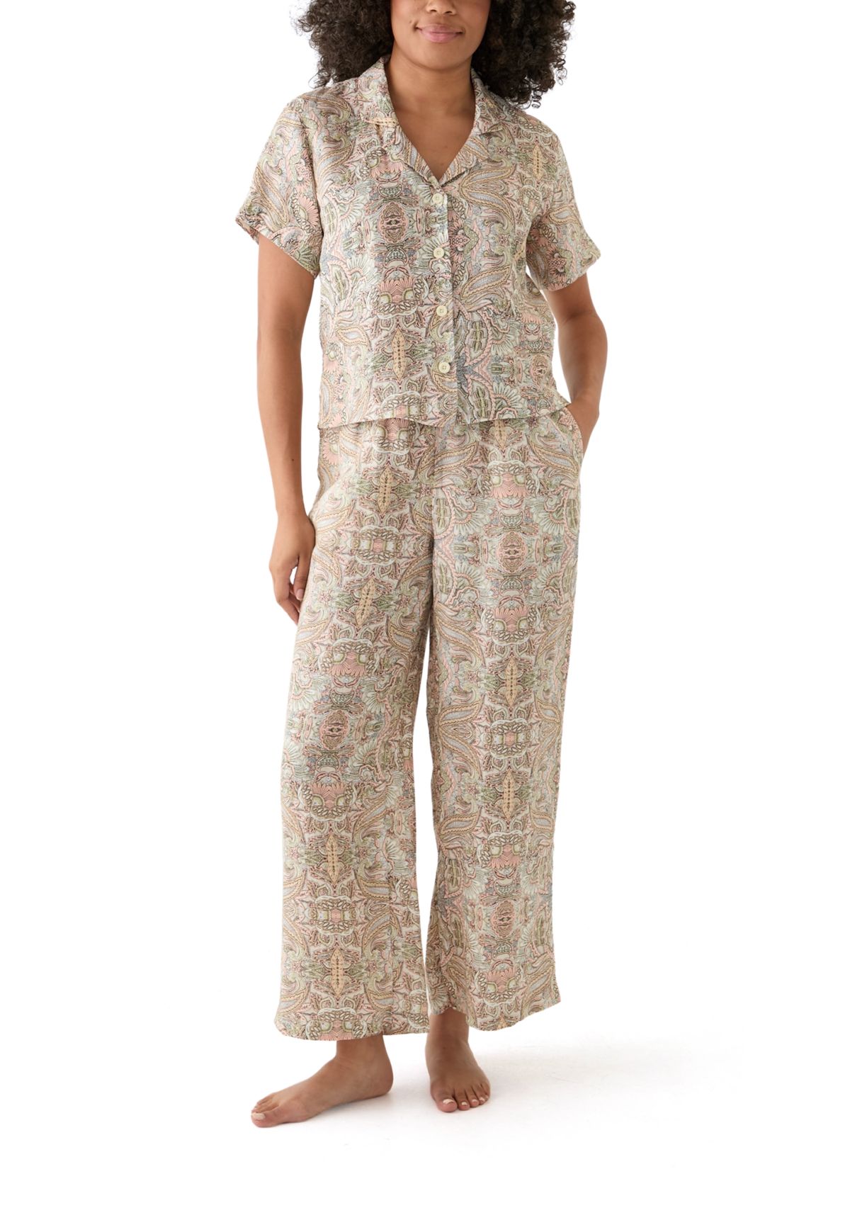 Womens Wide Leg Printed Linen Pants