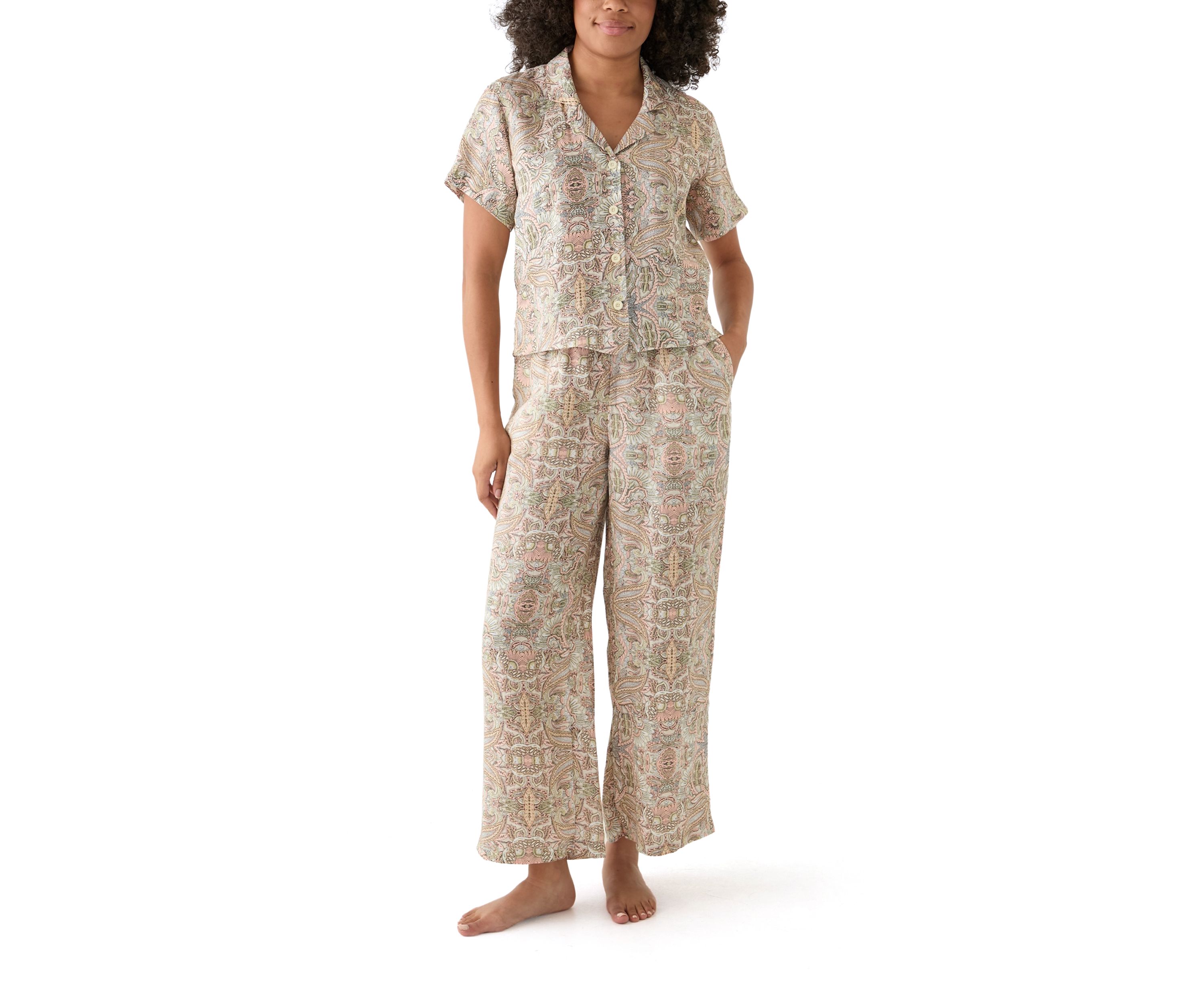 Womens Wide Leg Printed Linen Pants