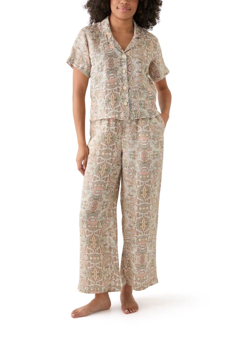 Womens Wide Leg Printed Linen Pants