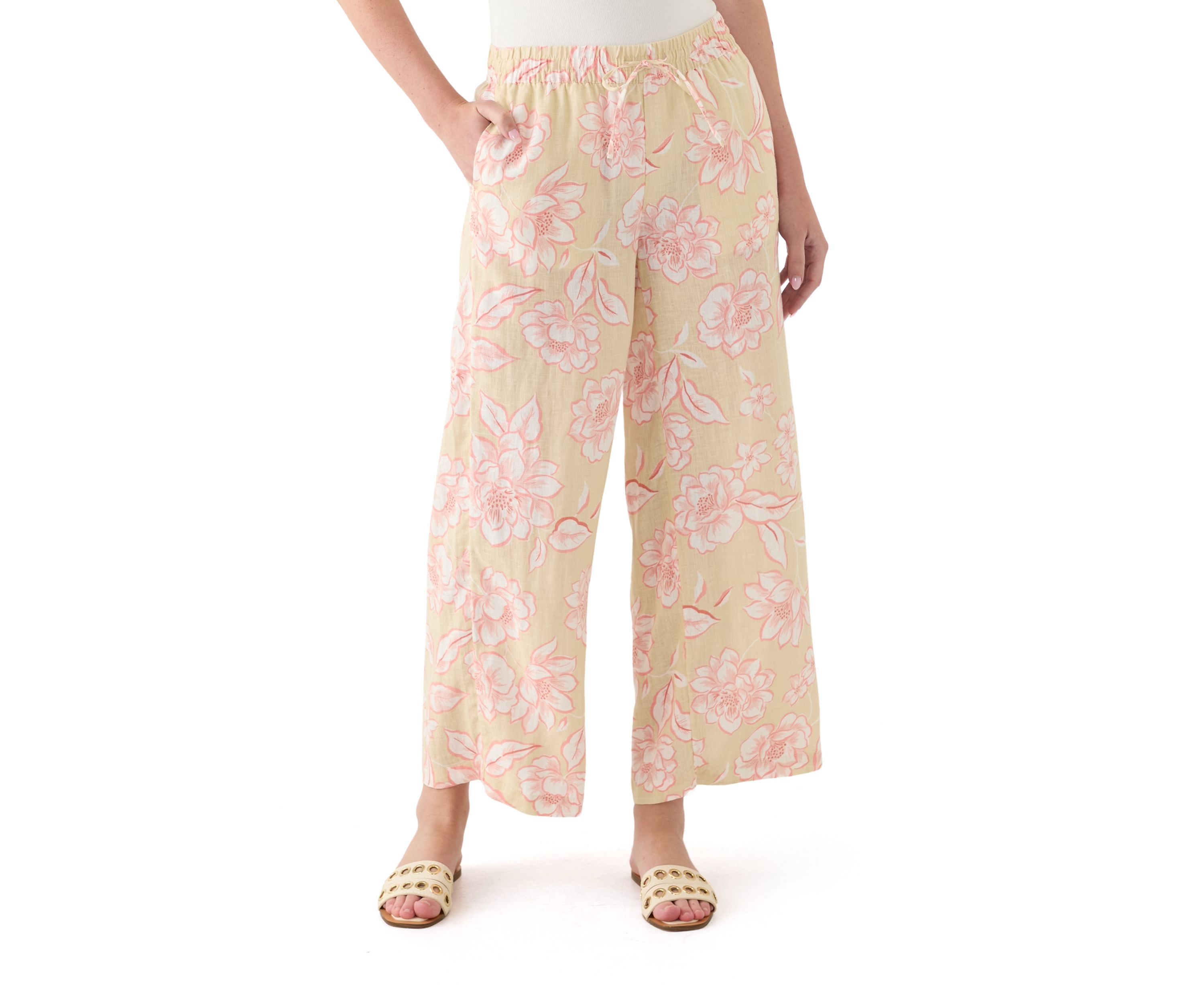 Womens Printed Linen Wide Leg Pants