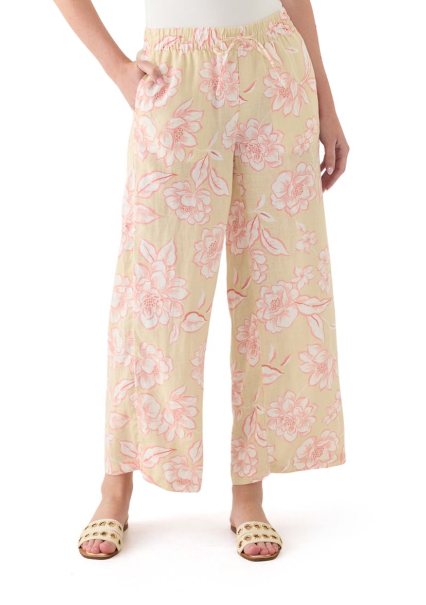 Womens Printed Linen Wide Leg Pants