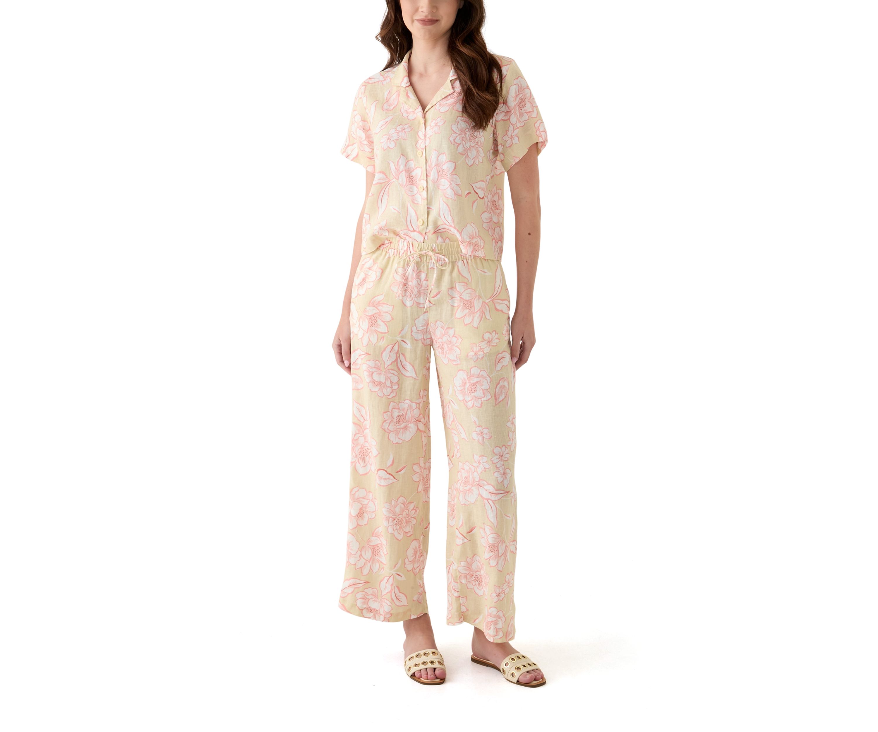 Womens Printed Linen Wide Leg Pants
