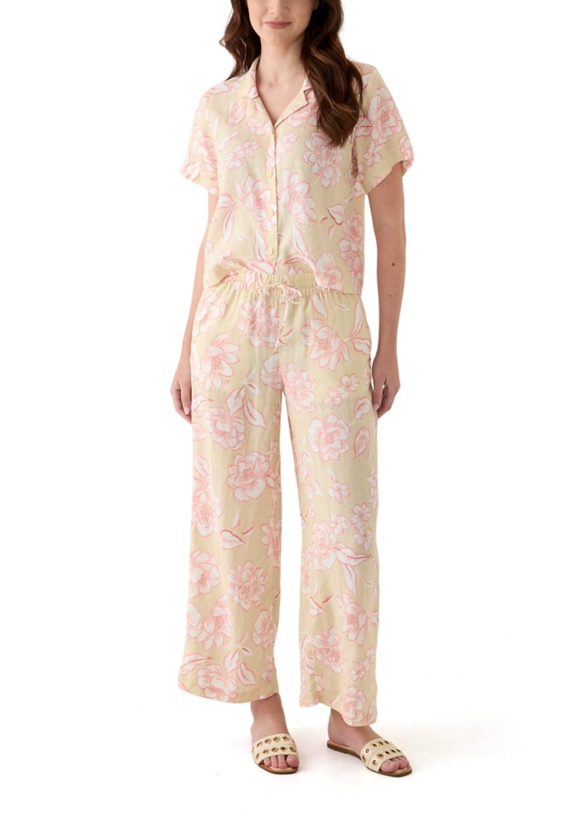 Womens Printed Linen Wide Leg Pants
