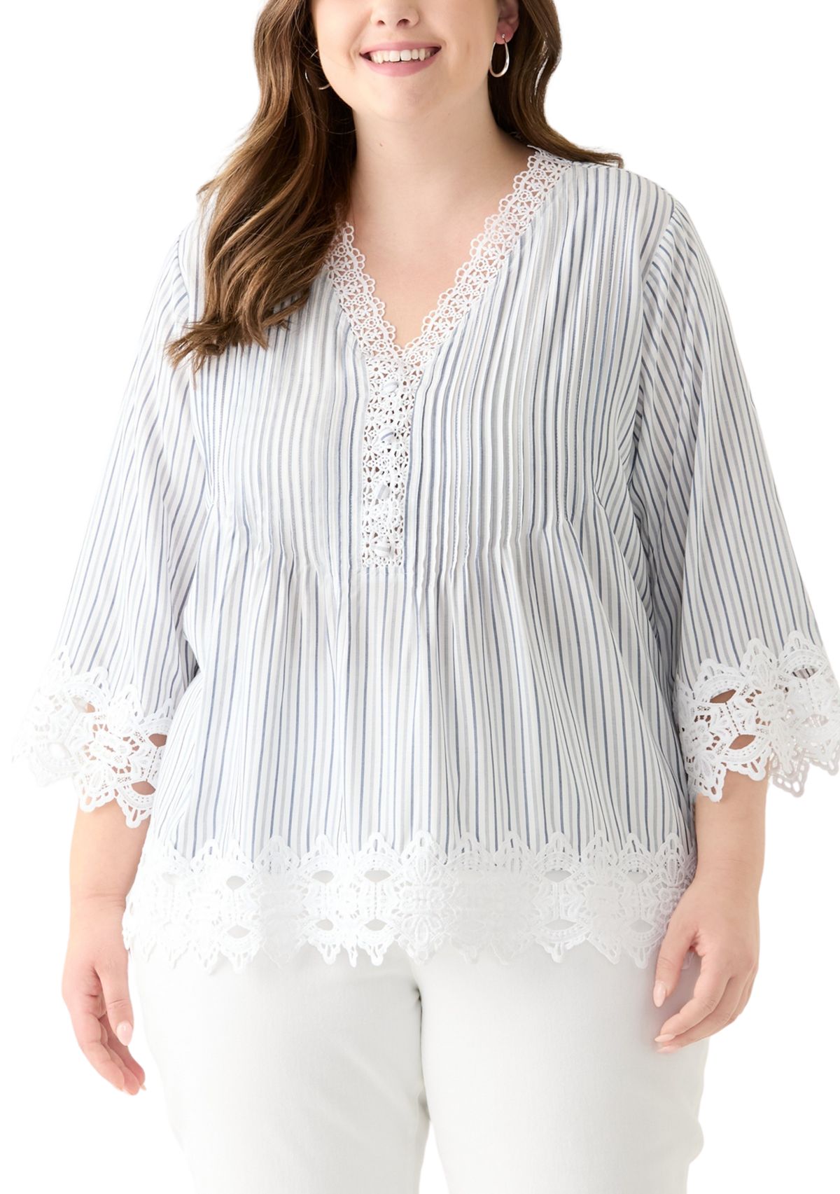 Plus Size 3/4 Sleeve Crochet Trim Woven Blouse 